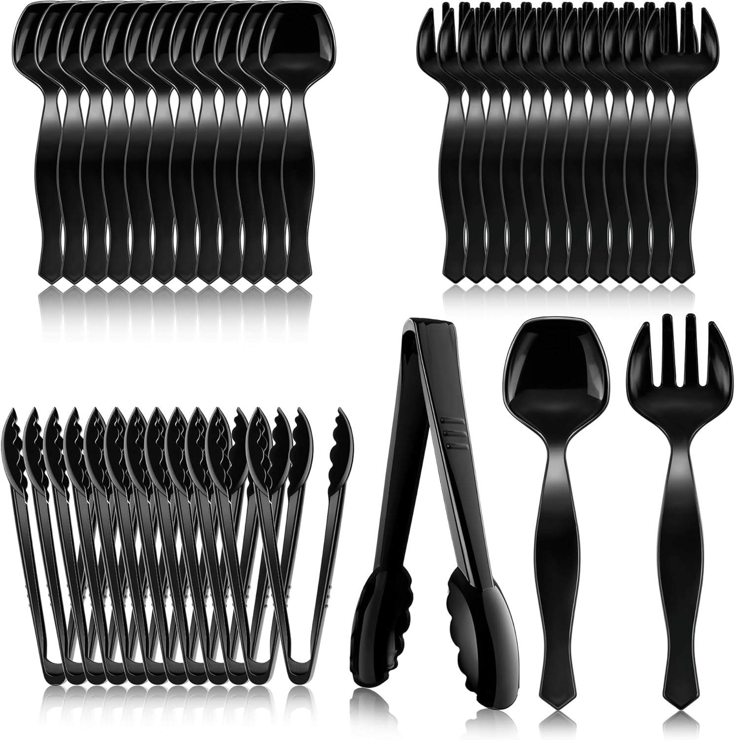 36Pcs Plastic Serving Utensils Set 9” Large Disposable Serving Spoons Forks Tongs for Serving Food Heavy Duty Black Large Party Utensils Supplies for Buffet Restaurant Dinner Salad Noodles Soup