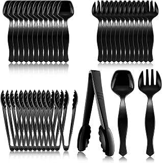 Mwellewm 36PCS Heavy Duty Black Plastic Serving Utensils Set - 12 Large 8.5" Spoons, Forks & Tongs for Parties, Buffets, Catering