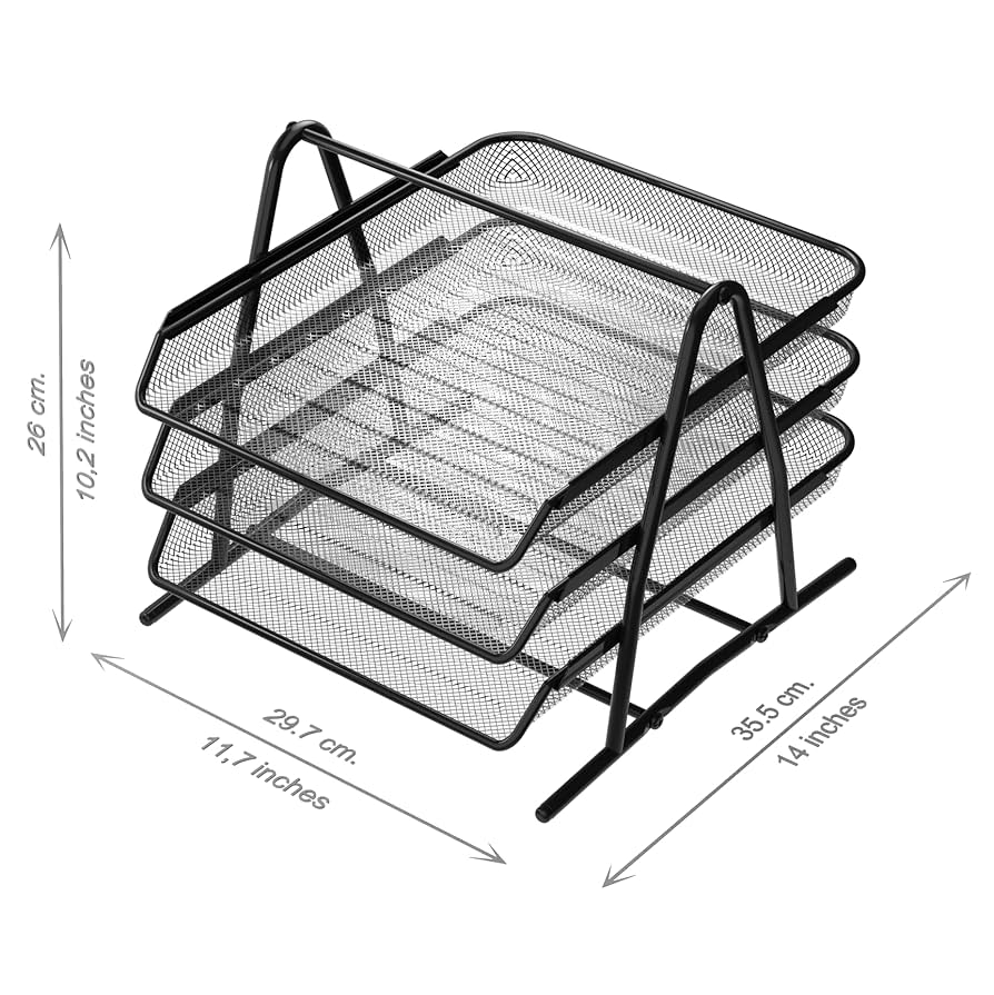 Detectalia Desk And Document Organiser Tray, 3 Levels, Black, Folios A4, Desk Drawer, Filing Folders, Computer Desk, Drawer Organizer, Black Metal Mesh Material