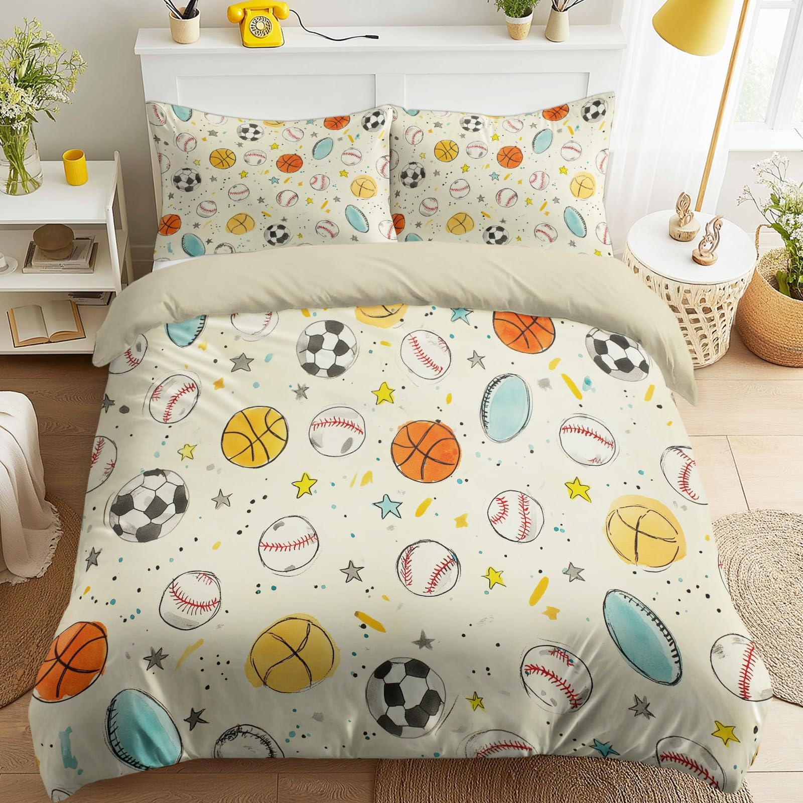 Parure de lit enfant 135x200 crème style sport avec housse de couette