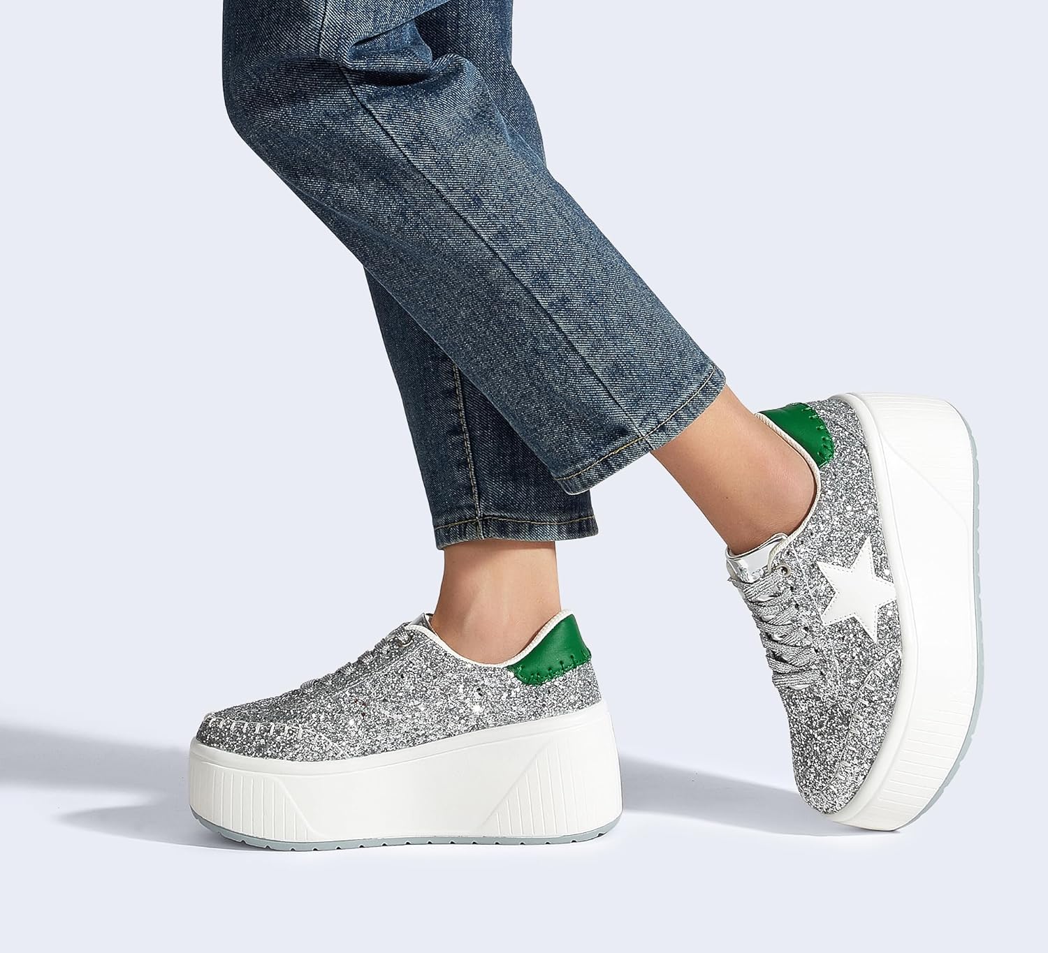 LUCKY STEP Women's Platform Chunky Sneakers Fashion Star Glitter Sparkly Wedge Walking Shoes High Heel Casual Shiny Thick Sole Footwear - Image 8