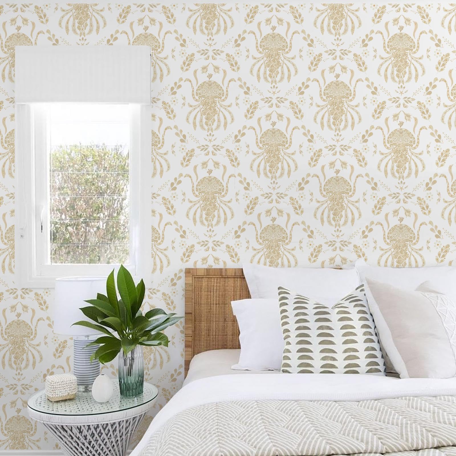 Papel tapiz beige costero de medusas bohemio de vinilo impermeable para bano y cocina