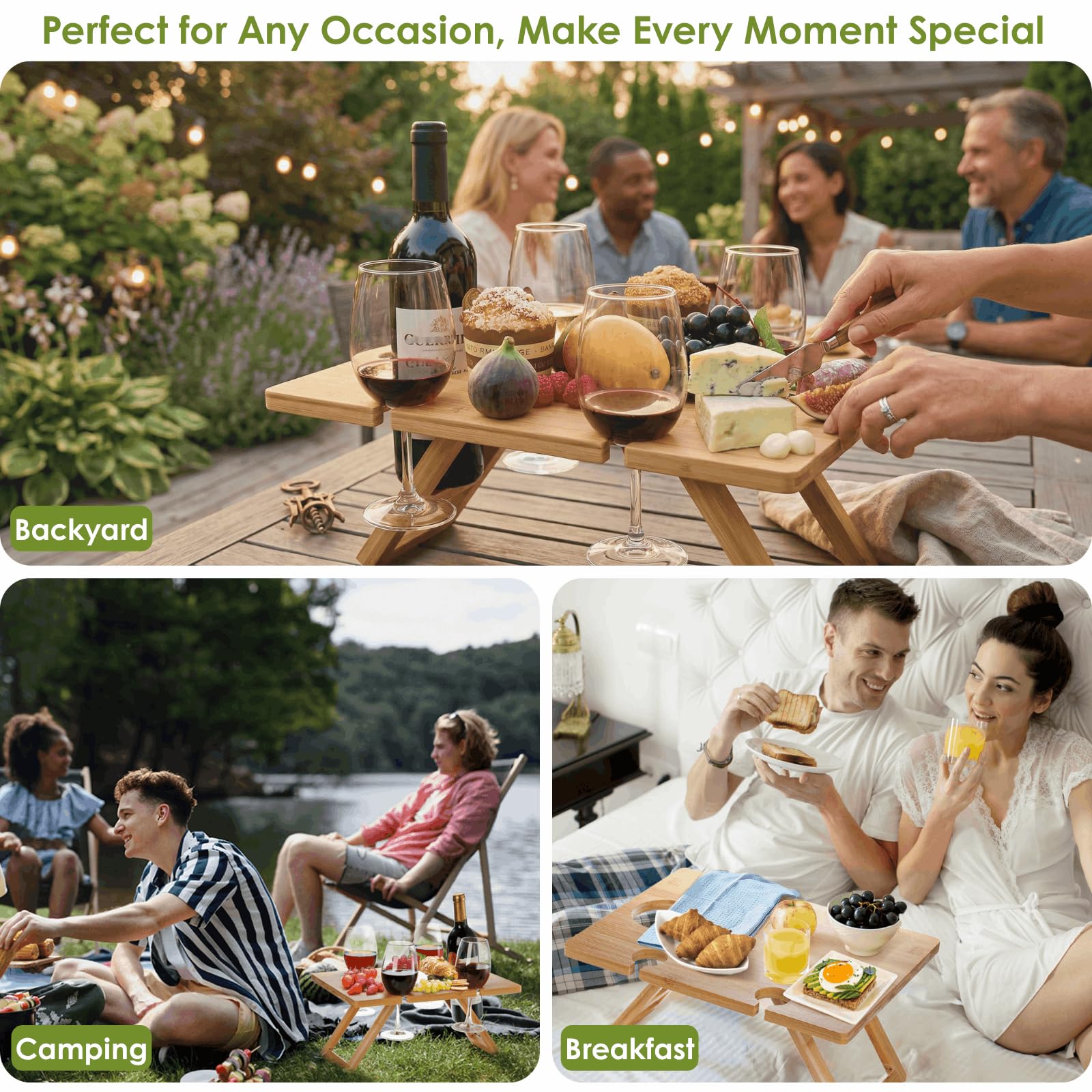 YOUEON Tragbarer Wein Picknick Tisch mit 5 Weingläser Halter, Faltbarer Champagner Picknick Snack Tisch, Wein und Käse Tisch für Picknick, Camping, Park, Strand, Weinliebhaber Geschenk