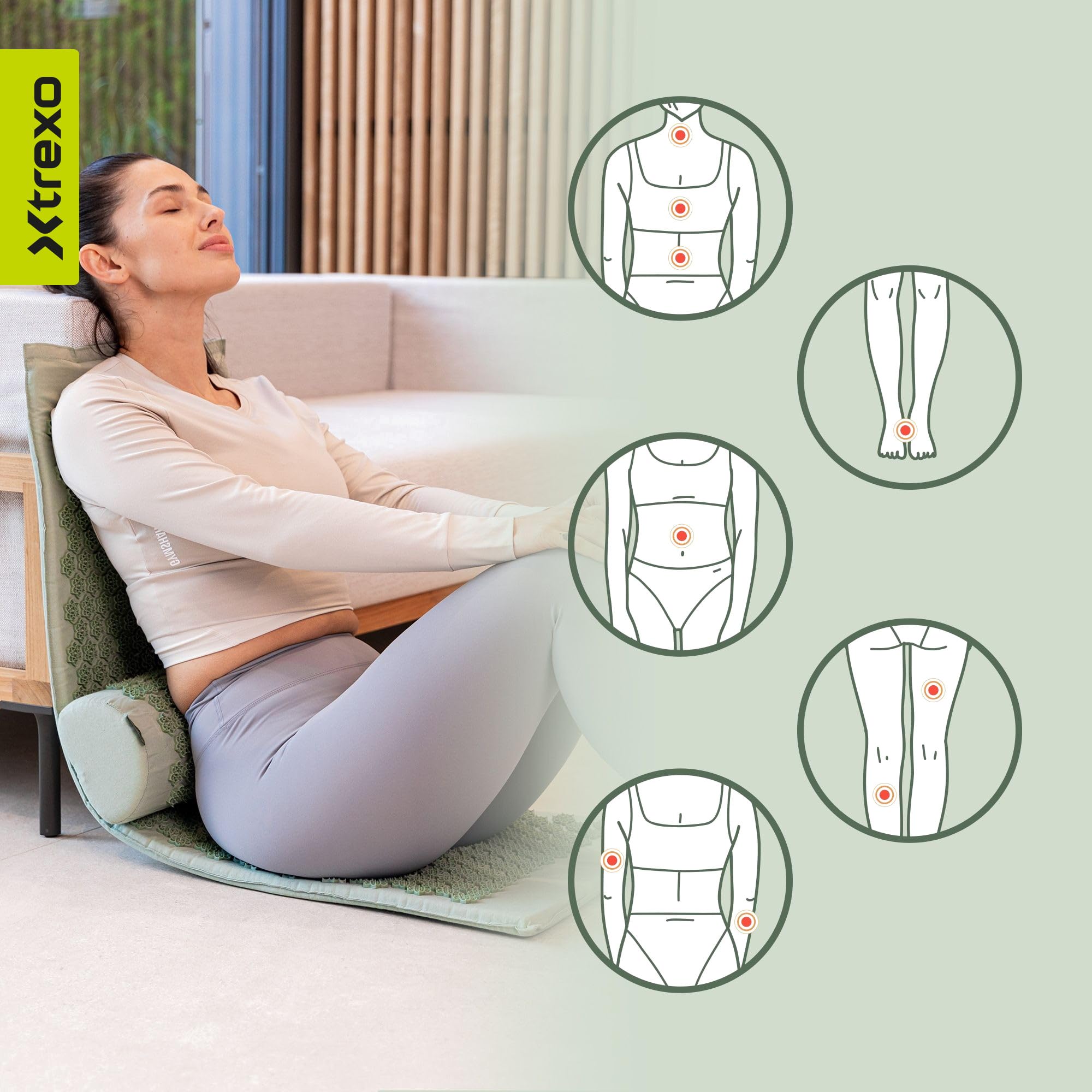 TREXO Grand tapis d'acupression avec coussin vert 110 x 44 x 2 cm avec coussin 38 x 15 cm avec housse en coton et éponge 18D - Pics en PVC résistants à l'abrasion - Soulage les tensions musculaires