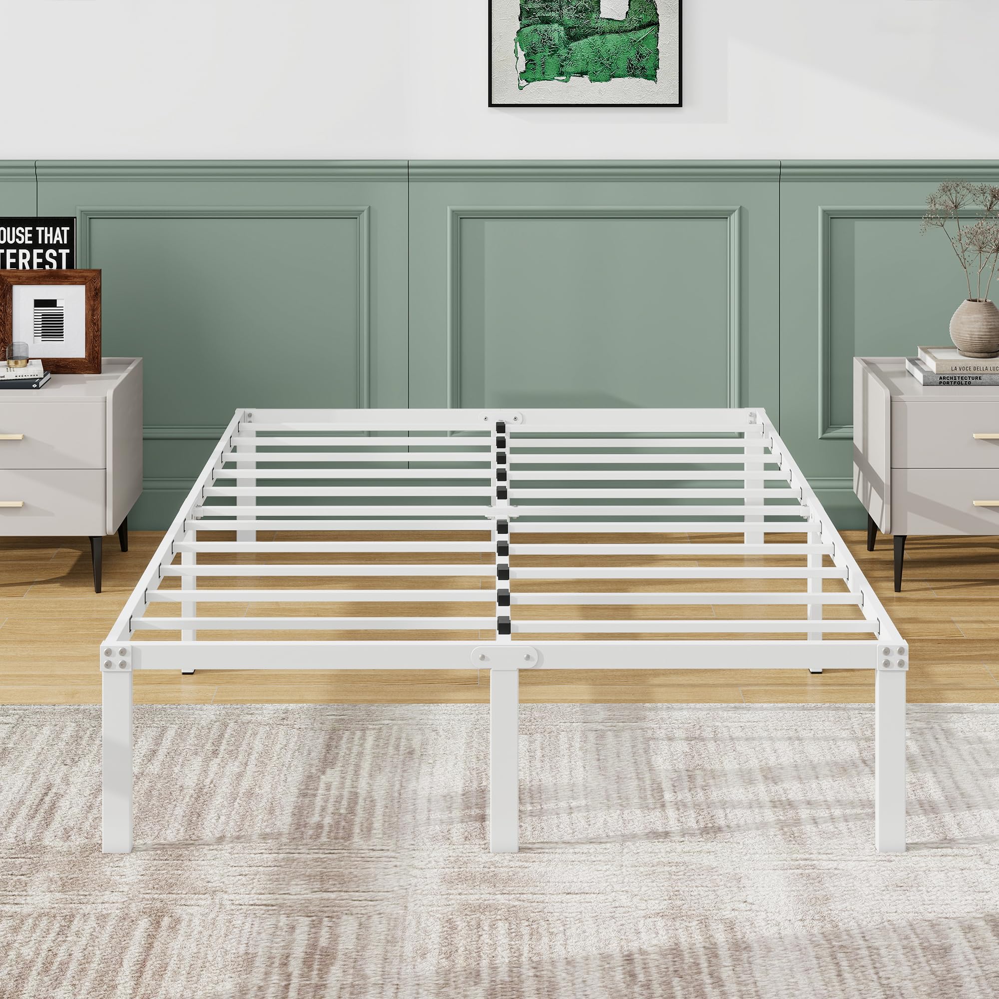 DUMEE 4ft6 Double Bed Frames, 36cm High Metal Platform Bed Frames Double with Storage Under Bed/Steel Slats Mattress Base, No Box Spring Needed, Enhanced Support Noise Free, White