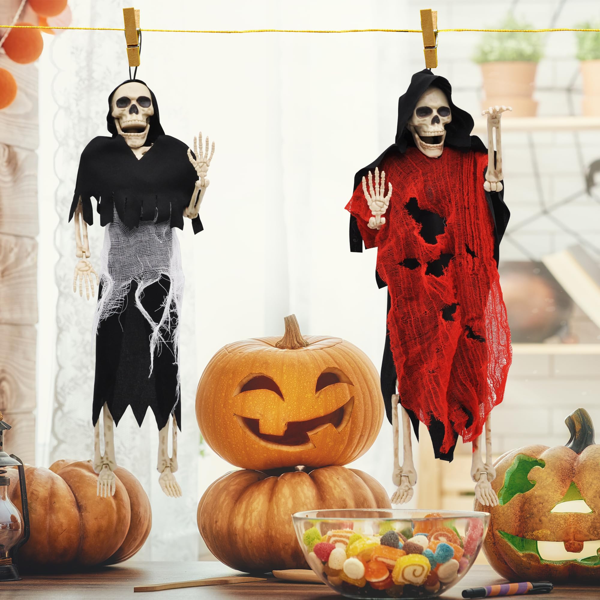12 Esqueletos Decorativos De Halloween - 14 Cm Realistas, Con Cuerda De Cáñamo, Para Colgar En Fiestas