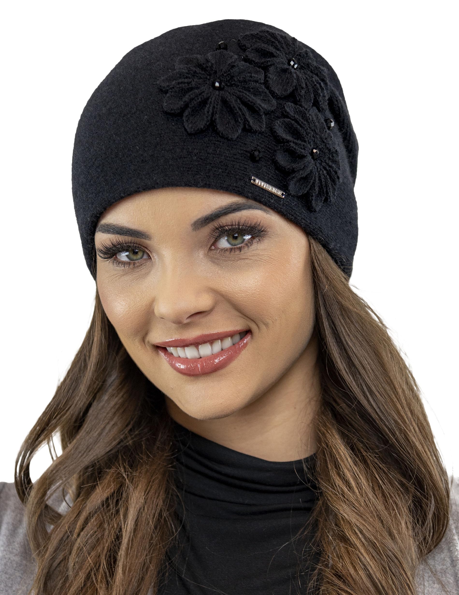 VIVISENCE Bonnet Femme Automne Hiver en Laine Élégant Et À La Mode Protection Contre Le Froid Applications Florales Ajustement Parfait Idéal Et comme Idée Cadeau 7053