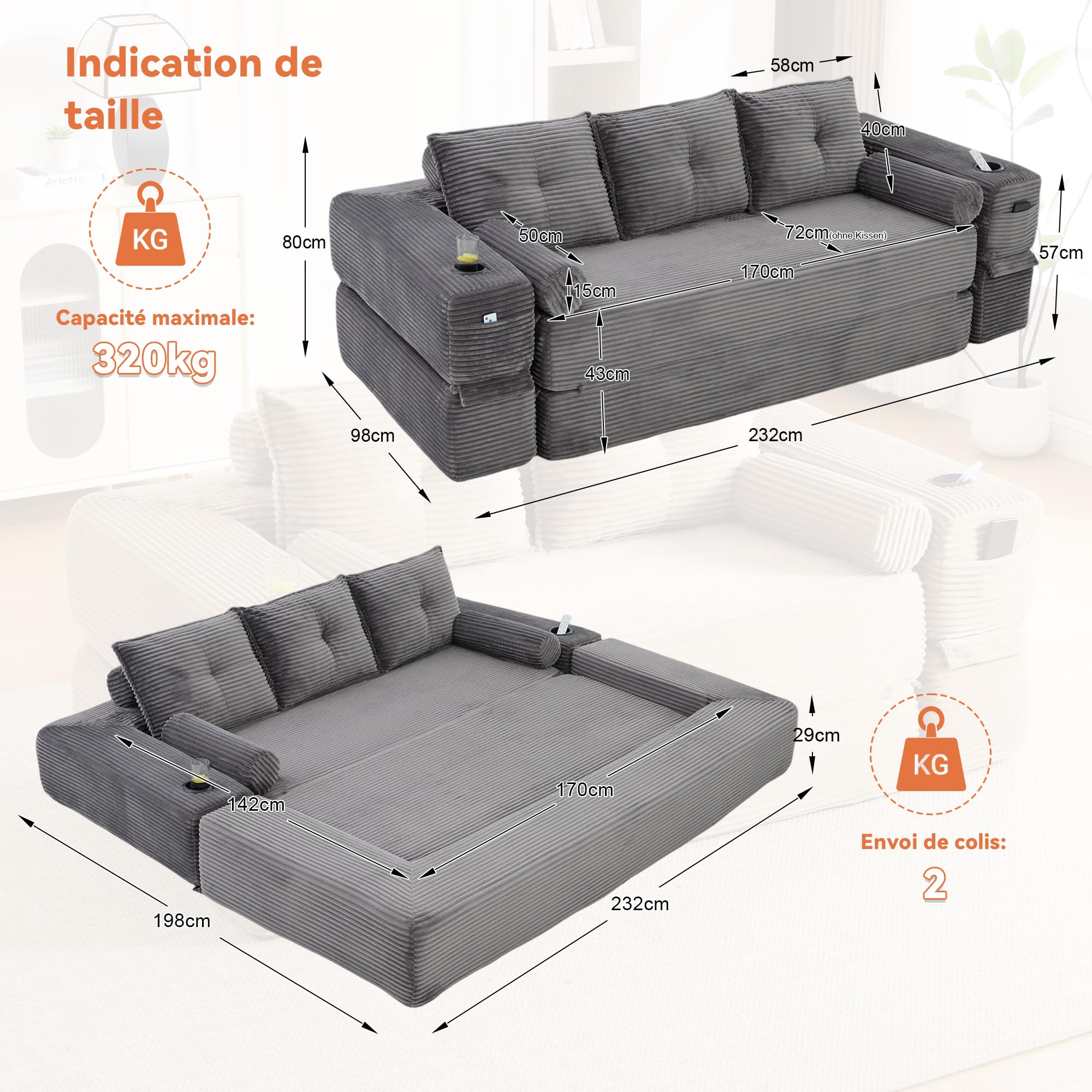 Zepneiy Canapé Compressé avec Oreiller à mémoire de Forme et 2 oreillers décoratifs, Canapé 3 Places avec Poches et Porte-gobelet, Canapé Pliant en Corde avec Mousse Haute densité, Gris Foncé