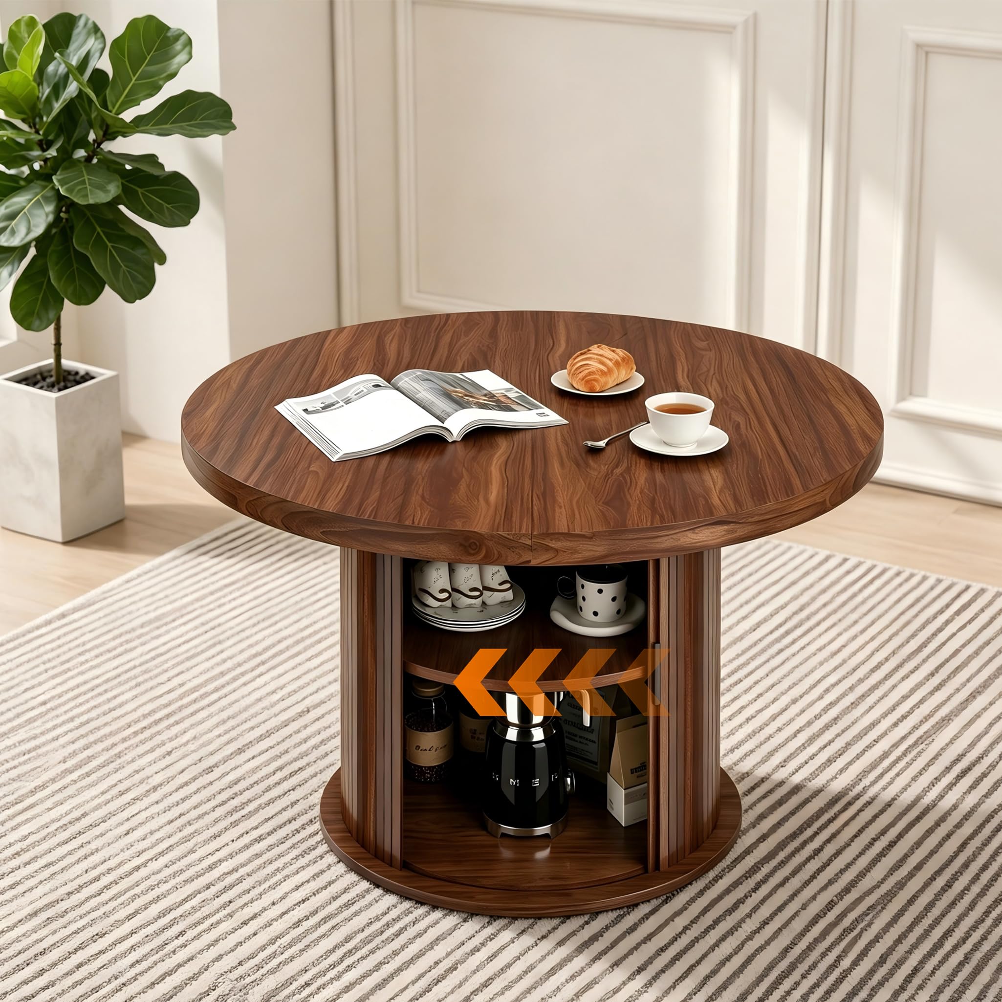 Tavolo da Pranzo Rotondo 120 cm, Tavolo Cucina per 4-6 Persone con Funzione di Ripostiglio e Portata fino a 150 kg, per Sala da Pranzo, Cucina, MDF, Noce Scuro, 120 x 120 x 75 cm