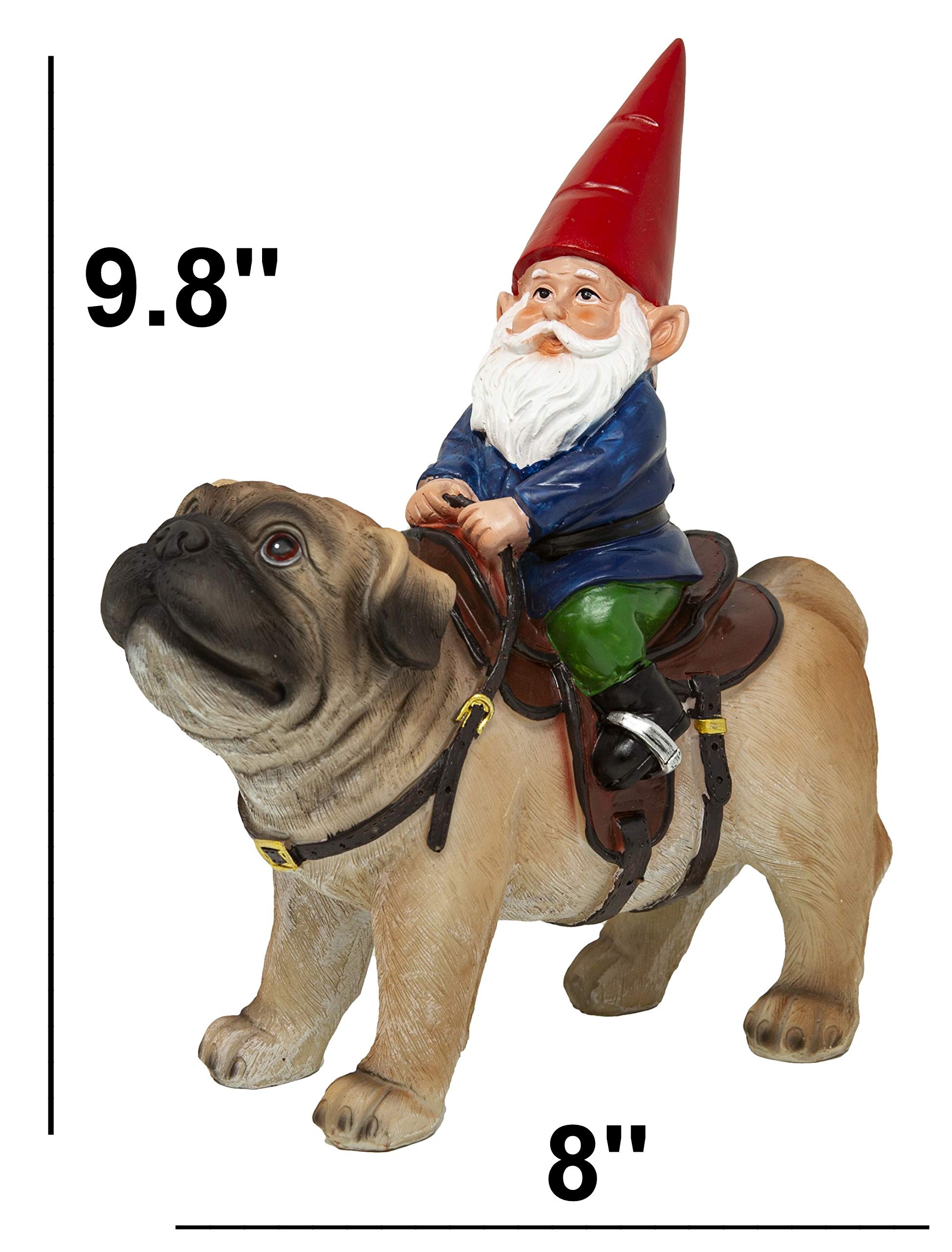 Funny Guy Mugs Statua krasnala ogrodowego – krasnal jadący mopsem – wewnątrz / na zewnątrz ogród rzeźba krasnal na patio, podwórko lub trawnik