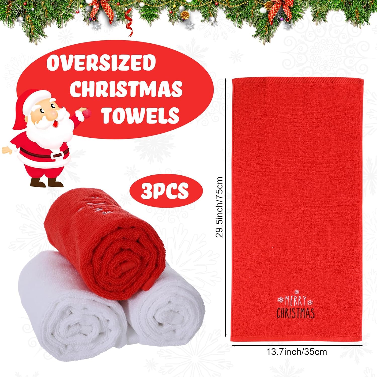 Tiamon 3 Pack Christmas Hand Towels for Bathroom Set Cotton Embroidered 13.7'' x 29.5'' Xmas Snowflake Dish Tea Fingertip Towel Cloths Decorative for Winter Holiday Kitchen Bath Gift(Red,Santa) - Image 2