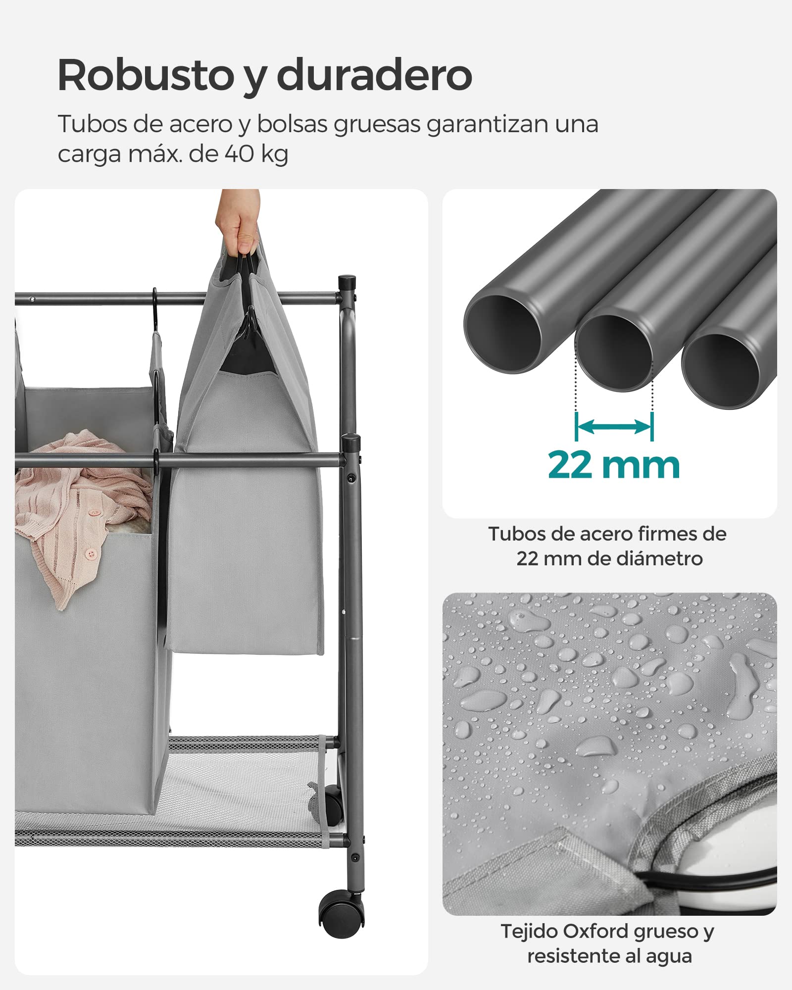 SONGMICS Cesto para Ropa Sucia con Ruedas, Carrito para Lavandería con 4 Bolsas Extraíbles, Cesta Ropa, Carro de Ropa, para Cuarto de Lavado, Dormitorio, Baño, 4 x 35 L, Gris Paloma LSF005GS