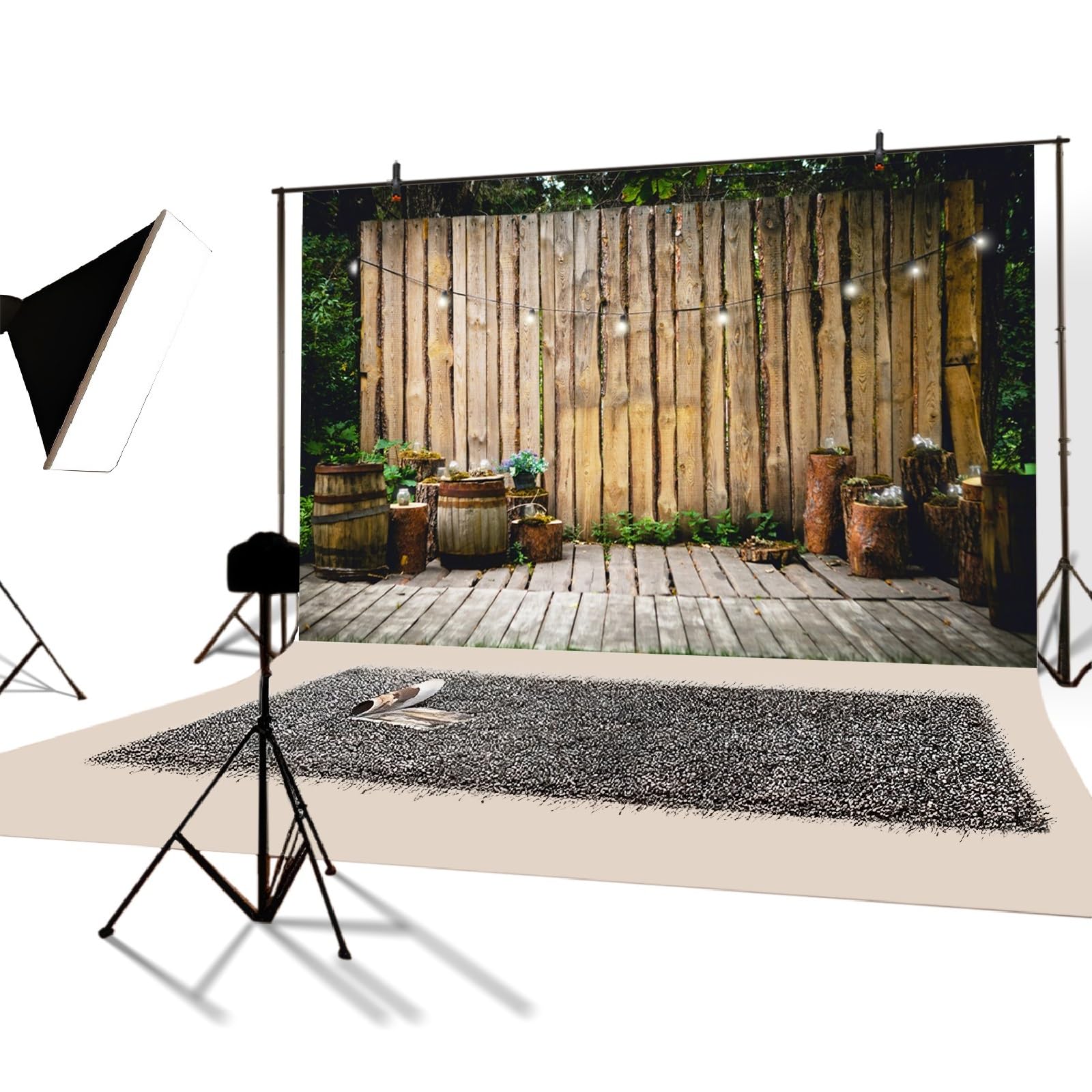 YongFoto 2,2x1,5m Polyester Toile de Fond Mur de Bois rayé Parquet Barils Tas de Bois Fond de Studio de Mariage Photo Décors de fête photobooth Shooting Accessoires