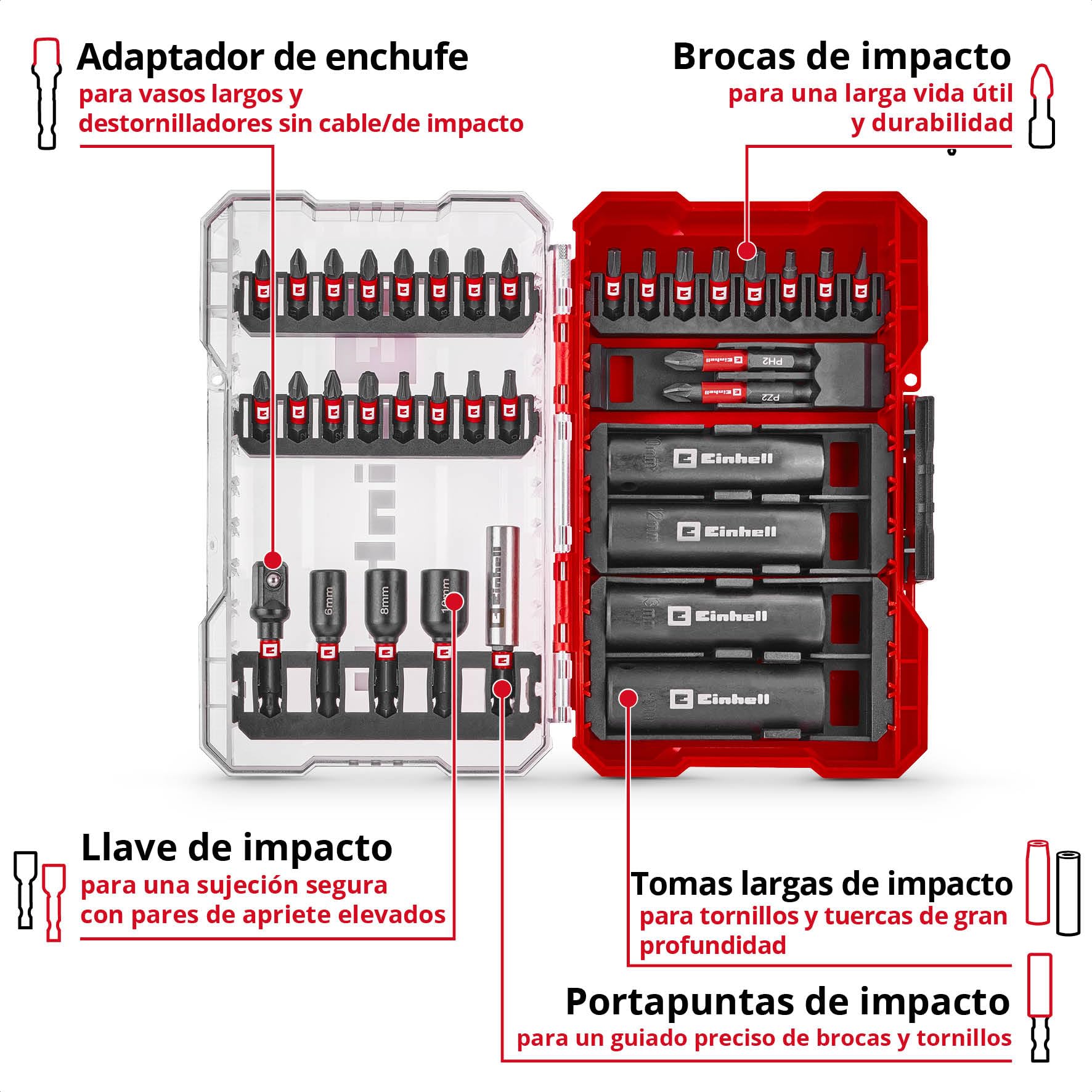 Einhell M-CASE - Juego de 35 brocas de impacto y llaves de vaso (puntas de 25 mm, puntas de 50 mm, llaves hexagonales, enchufes largos, adaptador de enchufe, soporte de brocas de 60 mm, incluye caja