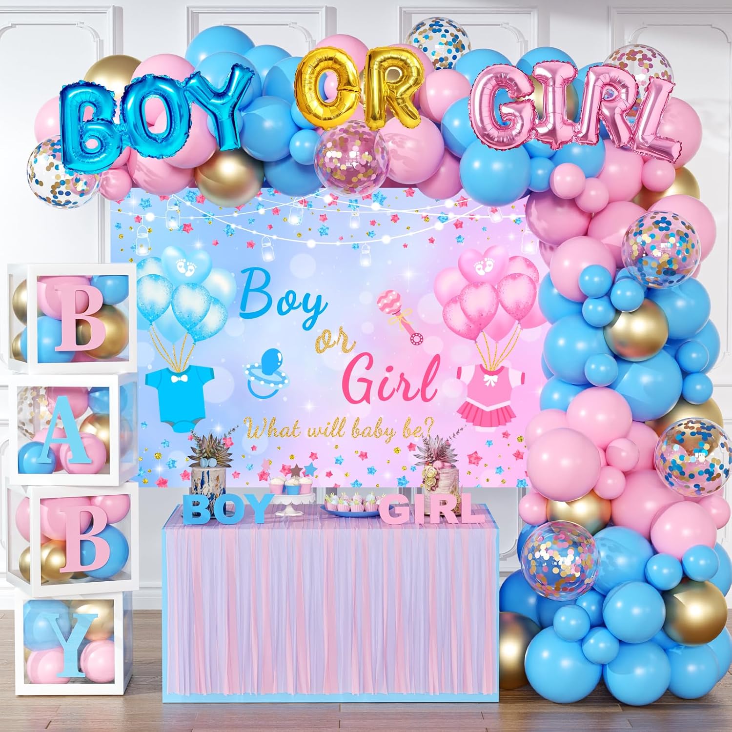 Gender Reveal Balloon Boxes Decorations - 138pcs Pink Blue Balloon Garland Kit, 4pcs Baby Box With Letters, Boy or Girl Backdrop for Baby Shower, Boy or Girl Gender Reveal Party Supplies