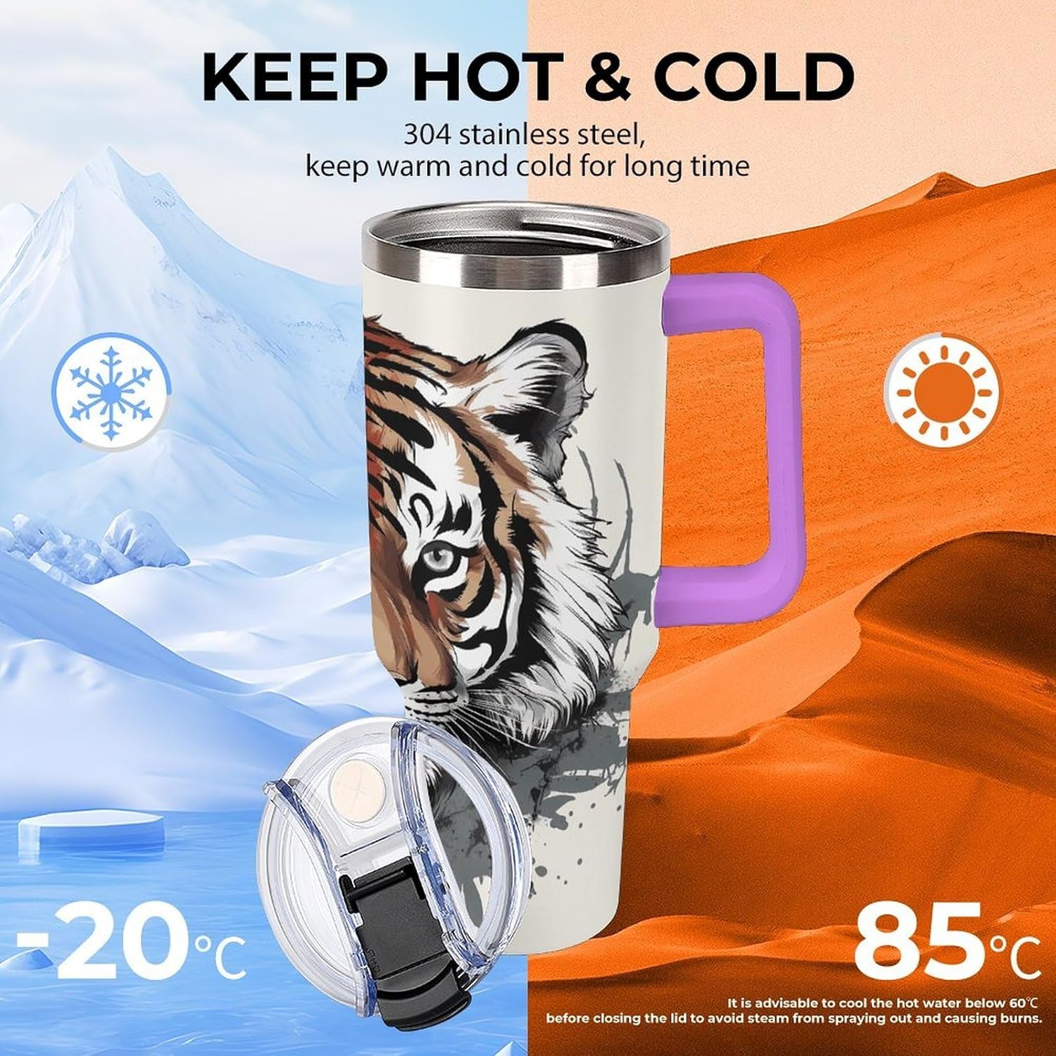 Black And White Doodle Tiger Travel Coffee Mug Reusable Durable Stainless Steel Insulated Tumbler with Handle And Straw Leak Resistant Portable Thermal Cup Gifts for Men Women 40 Oz