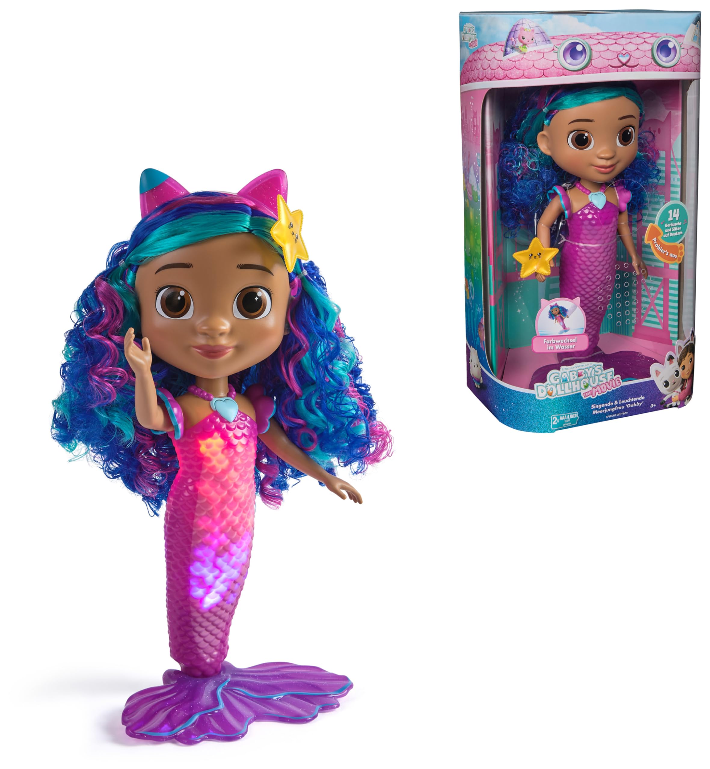 DreamWorks Gabby's Dollhouse – Sing & Shine Meerjungfrau Gabby, 35 cm große Puppe mit Licht- und Soundeffekten, spricht Deutsch, für Kinder ab 3 Jahren