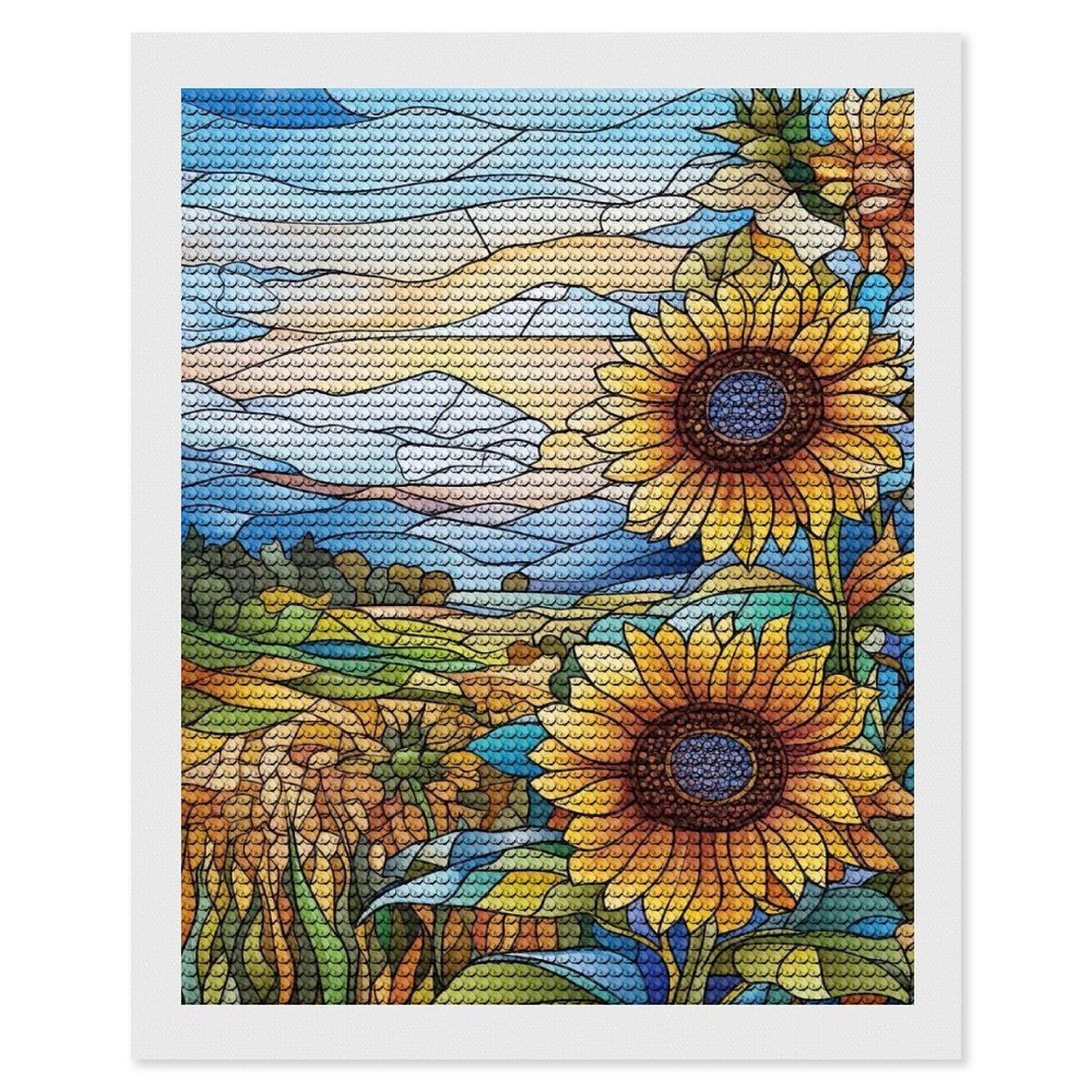 Junmoney Stained Glass Sunflowers Diamond Painting Kit 16"x20", for Women, Simple to Start, Bedroom Decor, Christmas Gift, Good for Quiet Evenings
