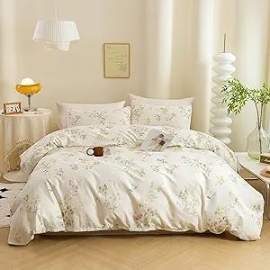 ECOCOTT Vintage Wash Painting Floral Duvet Cover Sets Queen Size,3 Pieces 100% Natural Cotton 1 Duvet Cover with Zipper and 2 Pillowcases, Ultra Soft and Easy Care Breathable Cozy Bedding Set