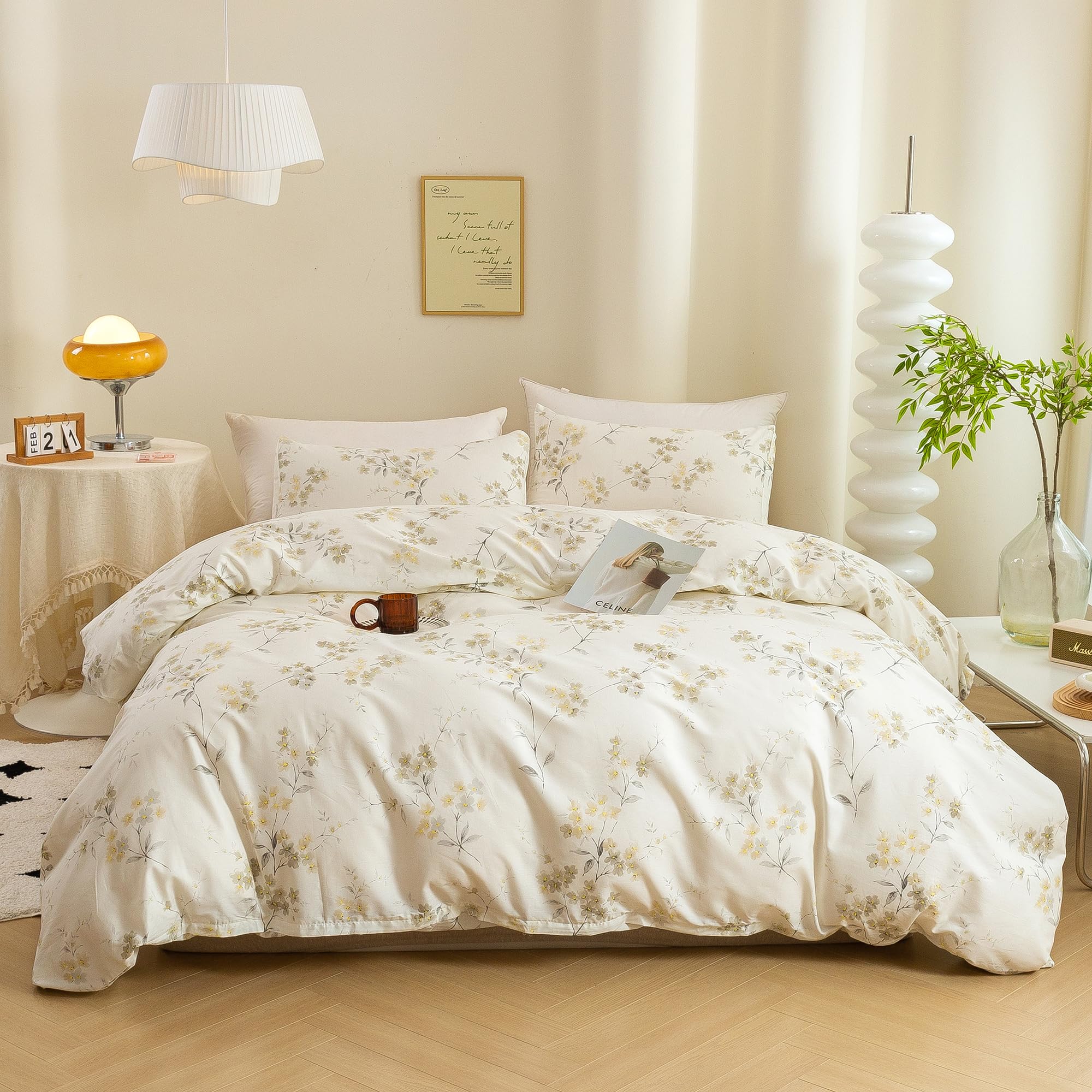 ECOCOTT Vintage Wash Painting Floral Duvet Cover Sets Queen Size,3 Pieces 100% Natural Cotton 1 Duvet Cover with Zipper and 2 Pillowcases