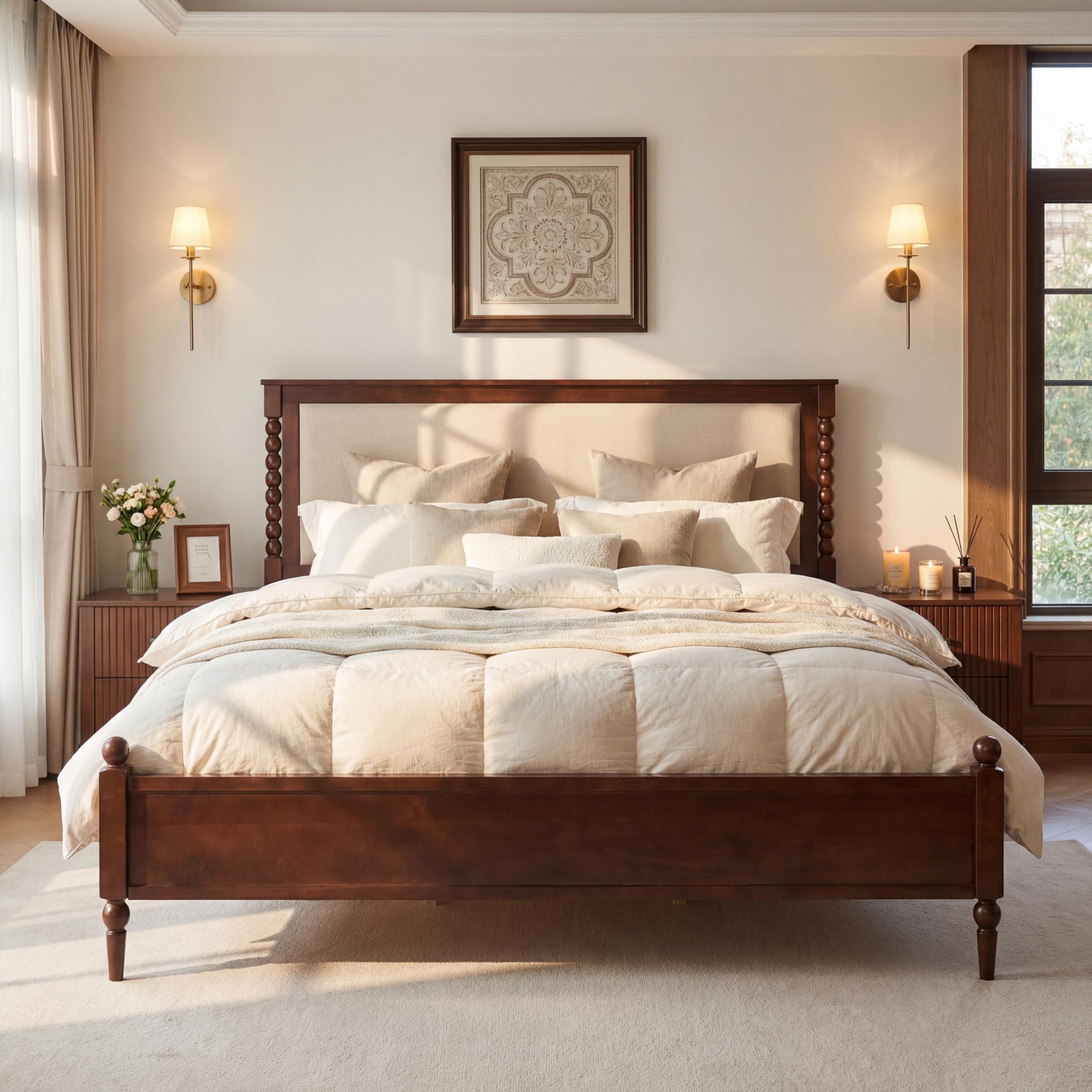 Photo 1 of ***UPDATED 7/5 AS IS/ NO RETURNS - SALE FINAL - FOR PARTS ONLY***Merax Queen Size Solid Wood Platform Bed Frame, Upholstered Headboard & Classic Spindle & with Fabric Panel, No Box Spring Needed, 500 lbs Capacity Timeless Traditional for Bedroom, Brown