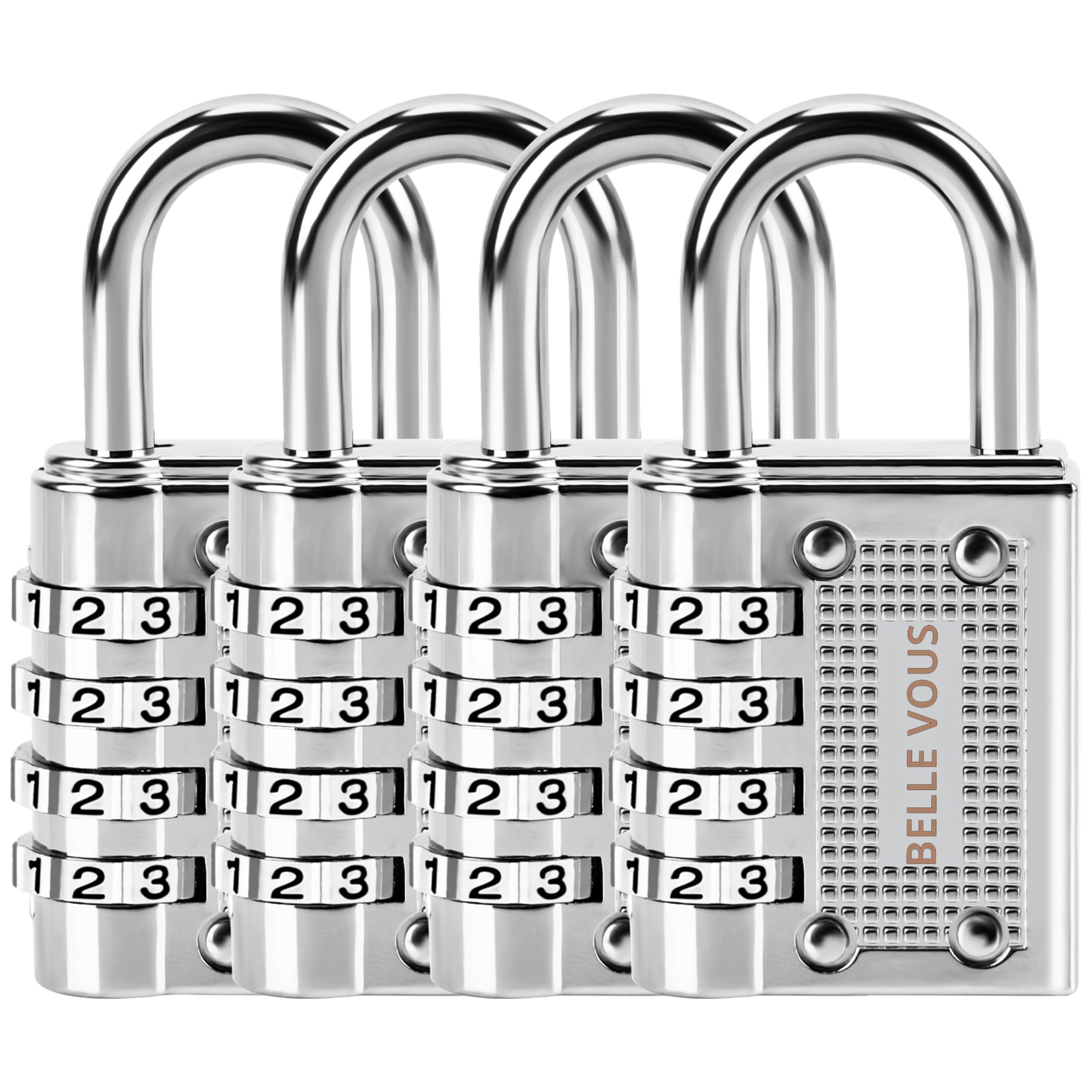 Belle Vous 4 Pack of Heavy-Duty Silver 4 Digit Combination Shackle Padlocks - 4.1 x 1.4 x 8cm/1.61 x 0.55 x 3.15 Inches - Waterproof Indoor/Outdoor Security Lock for Gym & School Locker, Fence & Gates