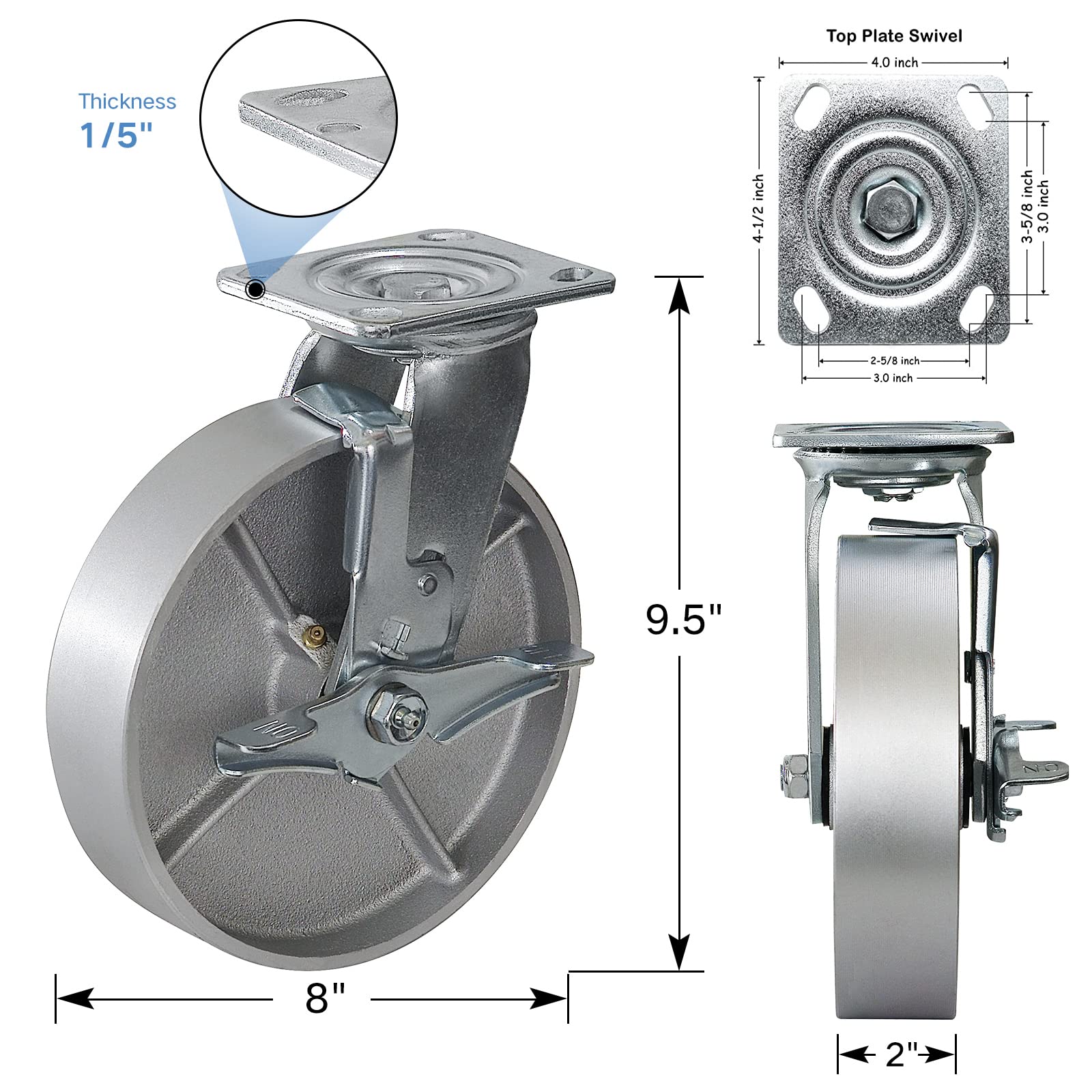 Handsammu 8'X 2' Heavy Duty Casters, Casters Set of 4 Total Capacity 5200 lbs-Semi Steel Cast Iron Casters, Widely Used in Furniture, Work Brench, Tool Box (2Brake&2Rigid), Silver