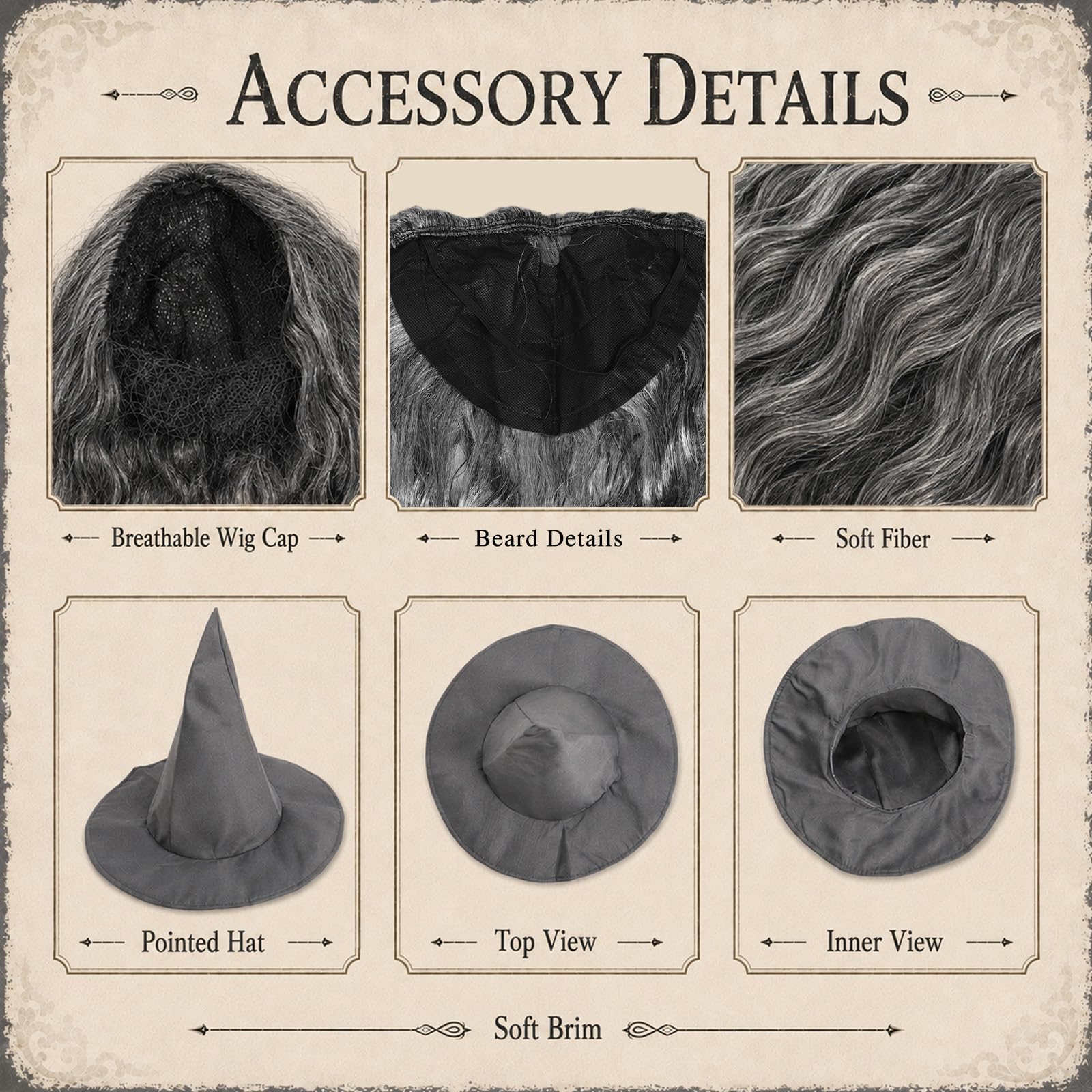 Costume da mago grigio, per adulti, per Halloween, 5 pezzi