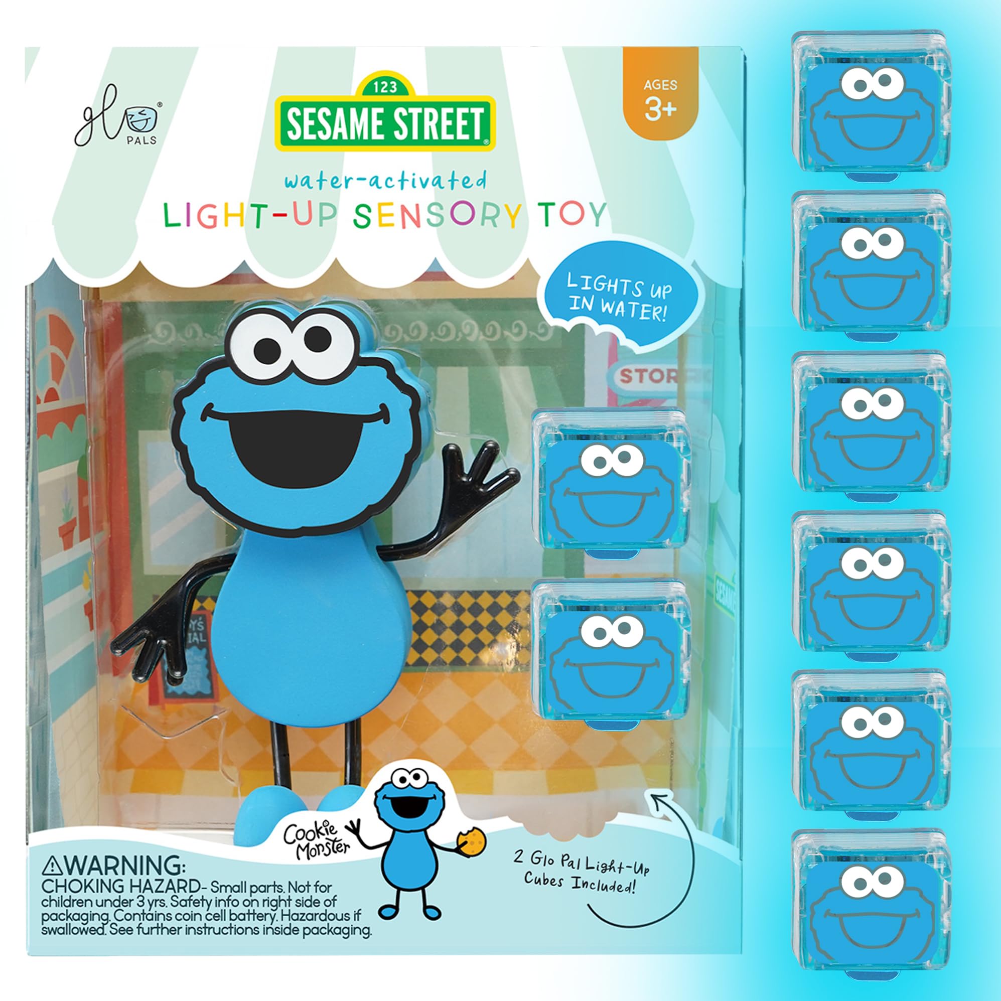 x Sesame Street Water-Activated Light-Up Cubes for Sensory Play (Cookie Monster - Cubes with Character)