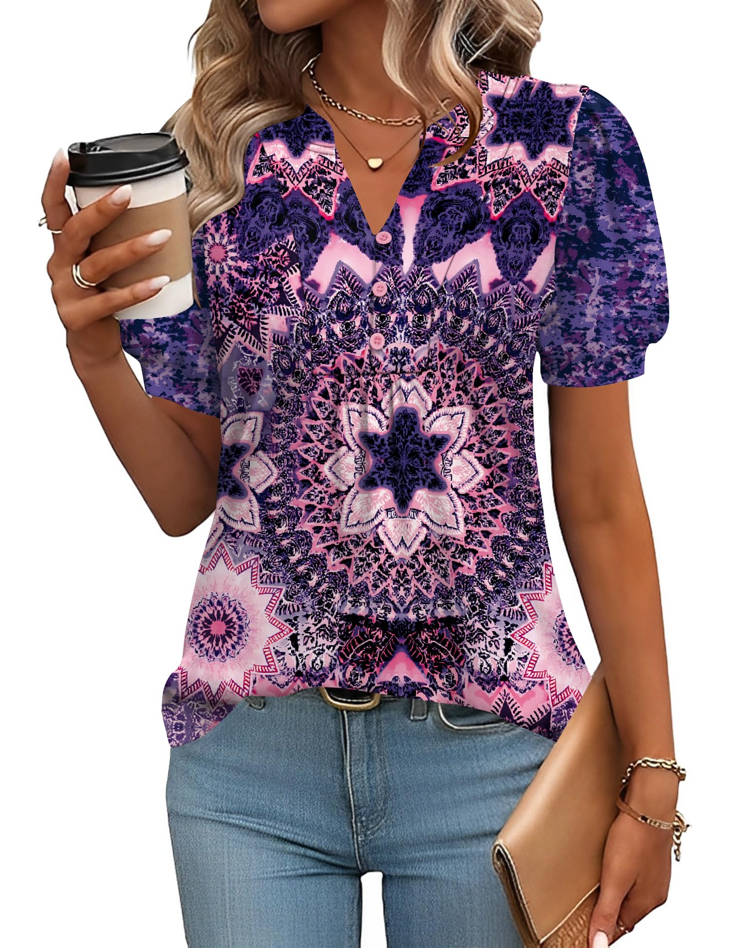 IECCP Womens Tops Puff Short Sleeve Shirts Dressy Casual Henley V-Neck Summer Tops Pleated T-Shirts Loose Fit Tunic Blouses
