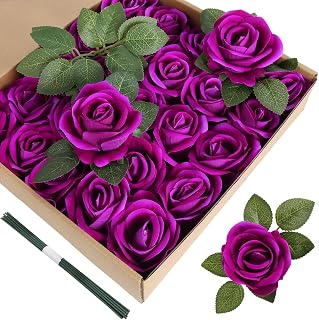 25 PCS Artificial Roses Velvet Roses Artificial Flowers Real Look Silk Flowers with Stems for DIY Wedding Party Baby Shower Home Decoration(Purple)