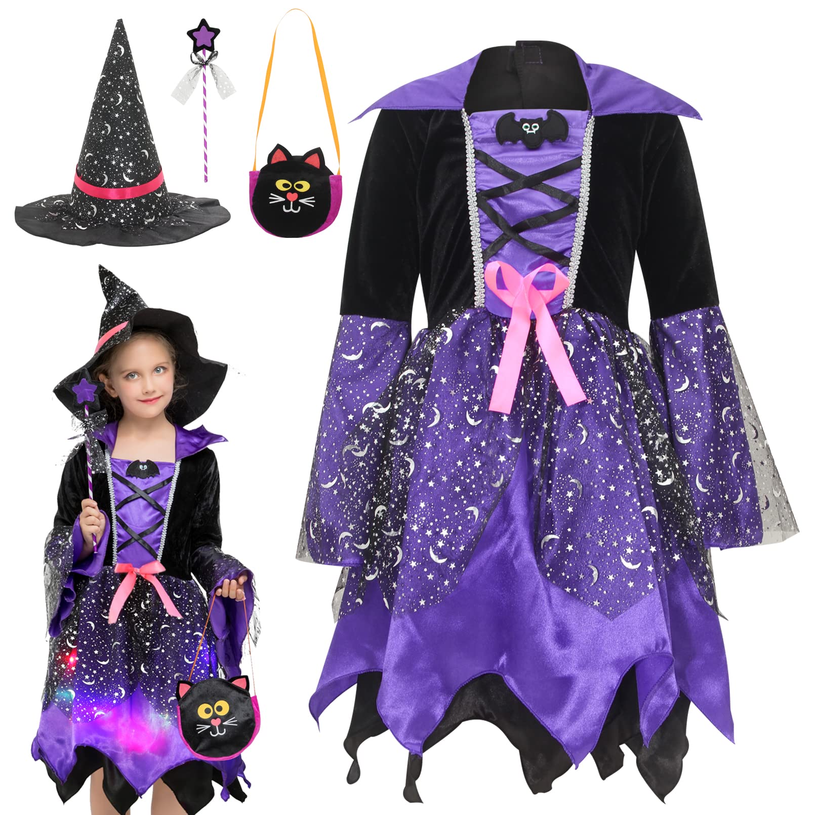 EOZY-Disfraz de Bruja para Niñas Disfraz de Cosplay Infantiles Disfraz de Fiesta de Halloween y Carnaval Incluido Vestido de Bruja y Sombrero de Bruja y Palo de Hadas y Bolsa de Dulces