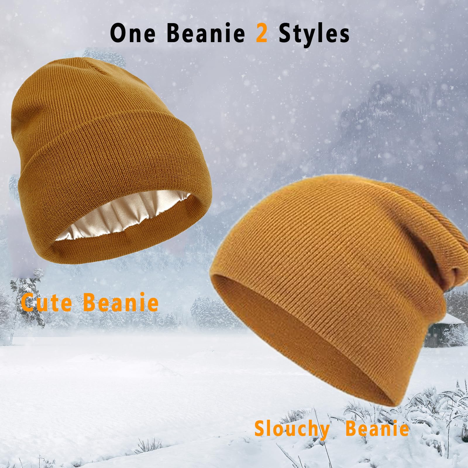 Facecozy Satin Lined Beanie Hats for Women Soft and Warm Winter Hats for Women Men Slouchy Beanie Hat (Dark Orange)