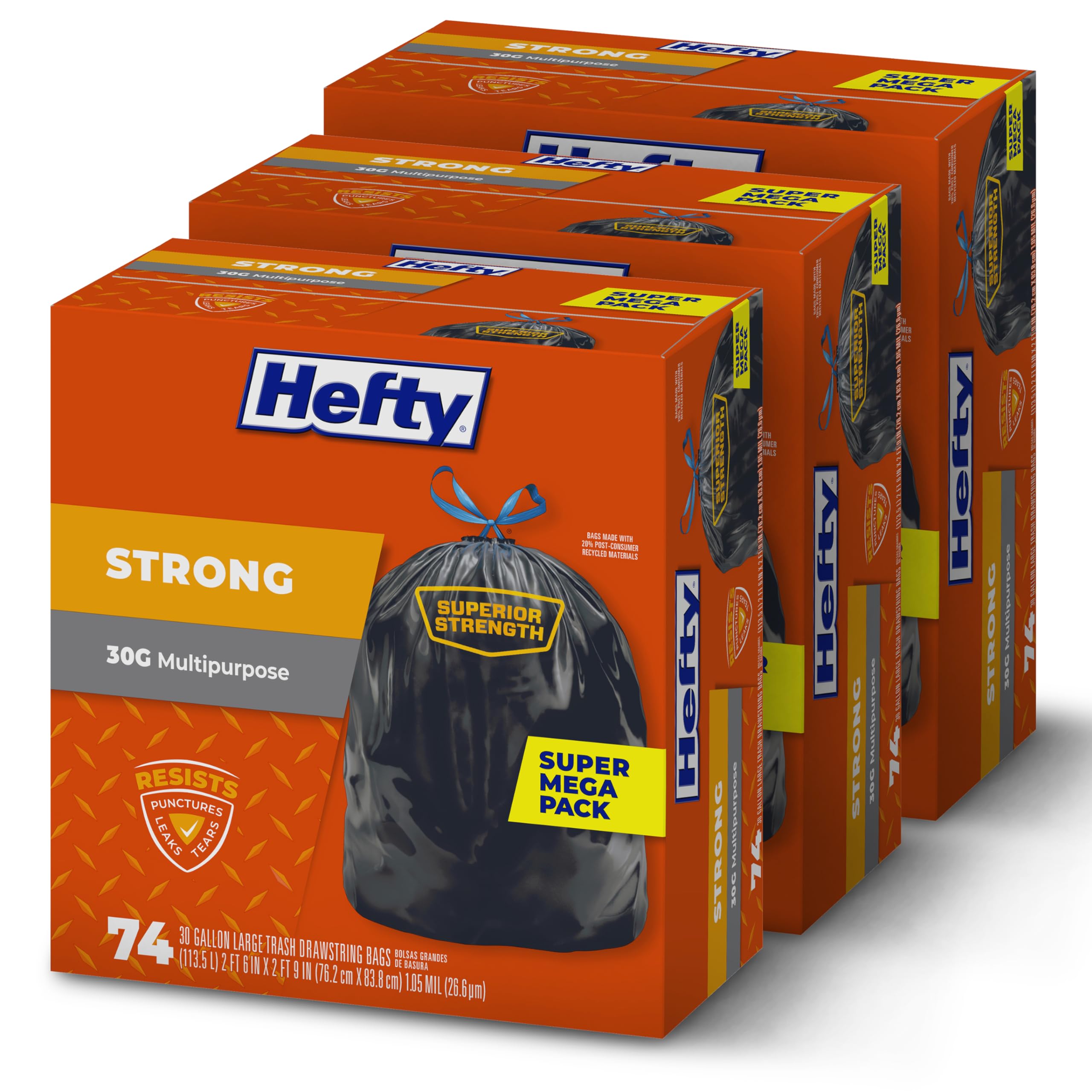 Hefty Strong Large Trash Bags, Black, 30 Gallon, 74 Count (Pack of 3) | USA-Sourced Bulk Waste Bags - main product image