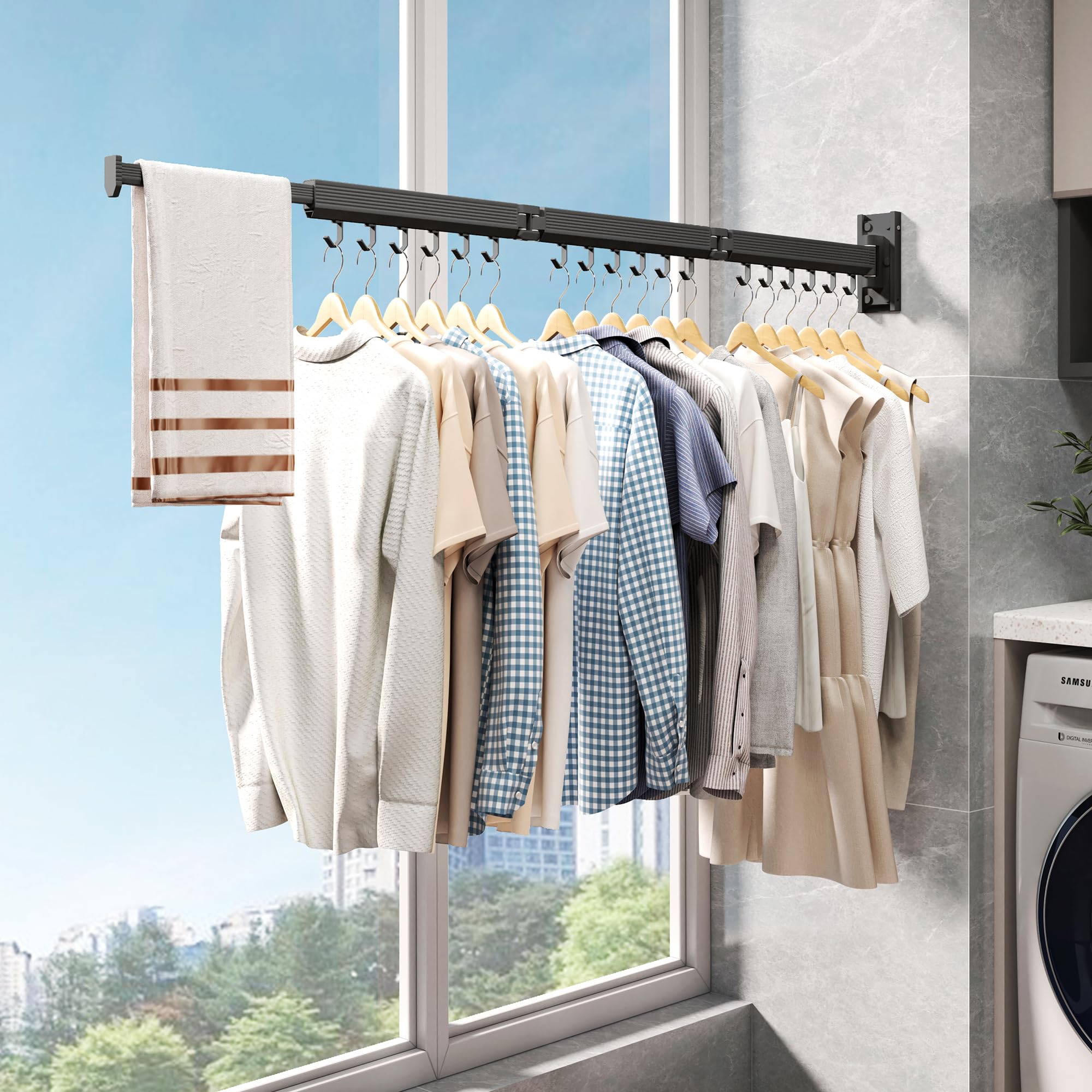 Étendoir Linge Mural rétractable & Pliable, étendoir Mural intérieur Gain de Place, séchoir à Linge Mural en Aluminium pour Balcon, Salle de Bain & buanderie, avec Crochets Noirs