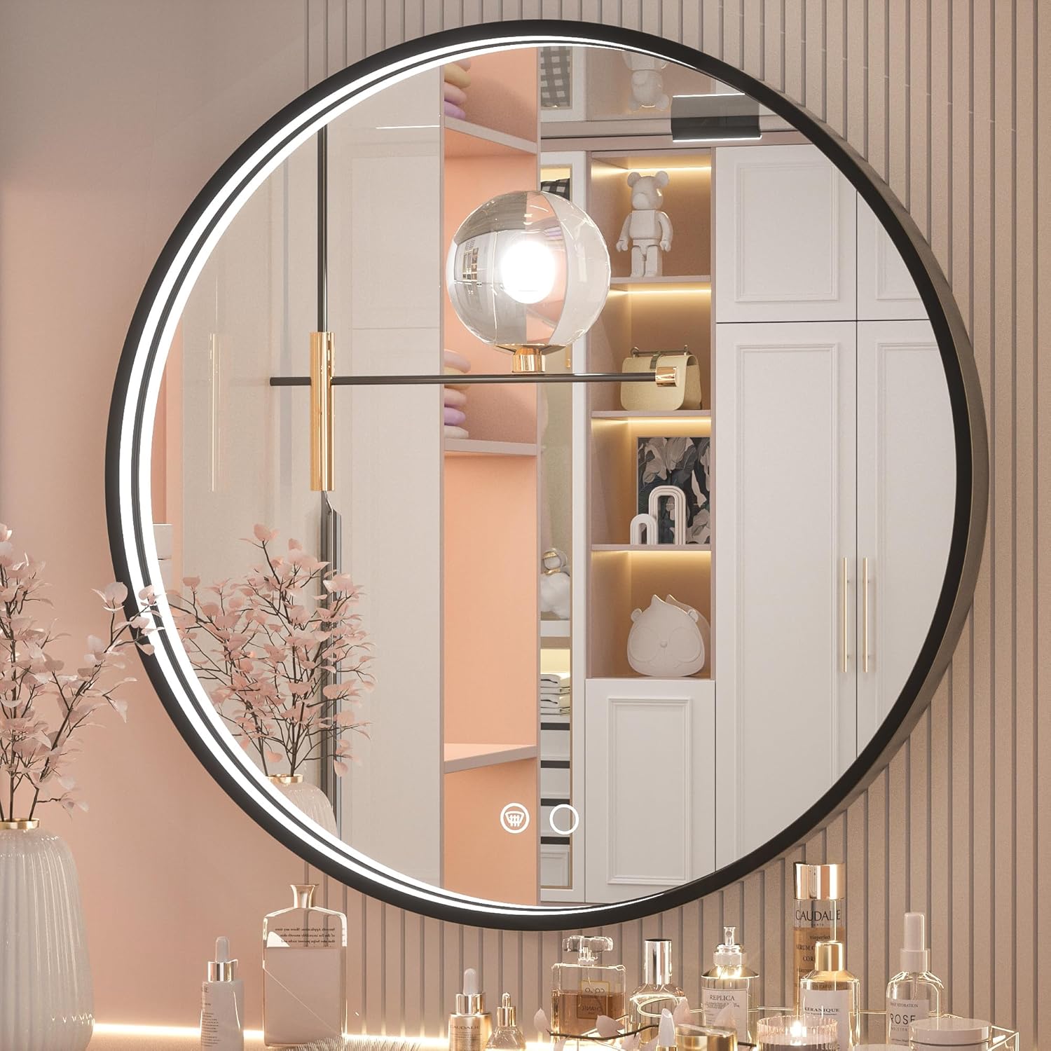 Keonjinn 24 Inch LED Round Bathroom Mirror with Lights, 3 Color Temperature Black Framed LED Vanity Mirror Frontlit Wall Mount Dimmable, Circle Lighted Makeup Mirror for Wall Anti Fog UL Listed CRI?90 Black-3 Color Lights 24"L x 24"W