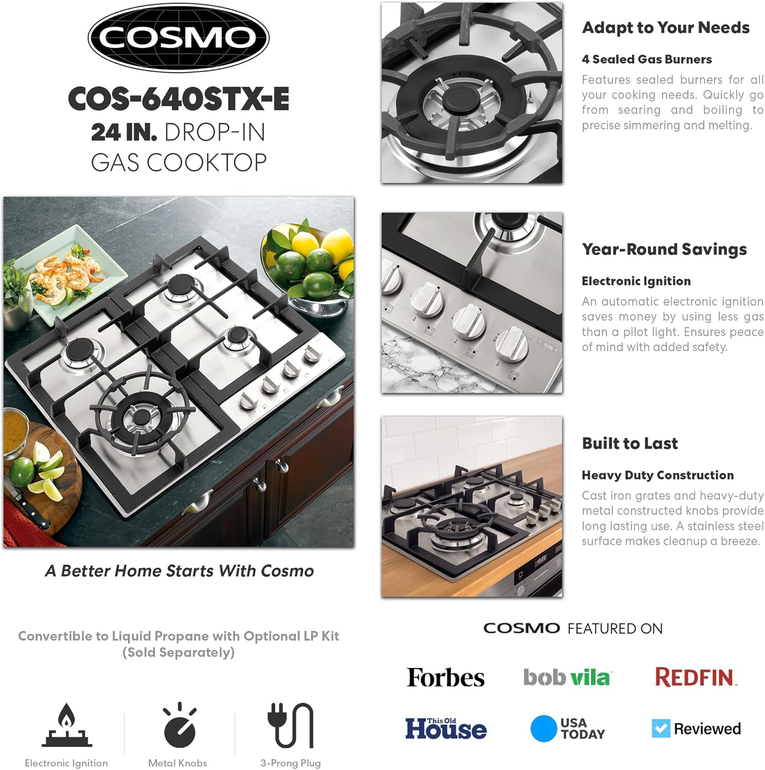 Cosmo 24" Stainless Steel Gas Cooktop with 4 Burners
