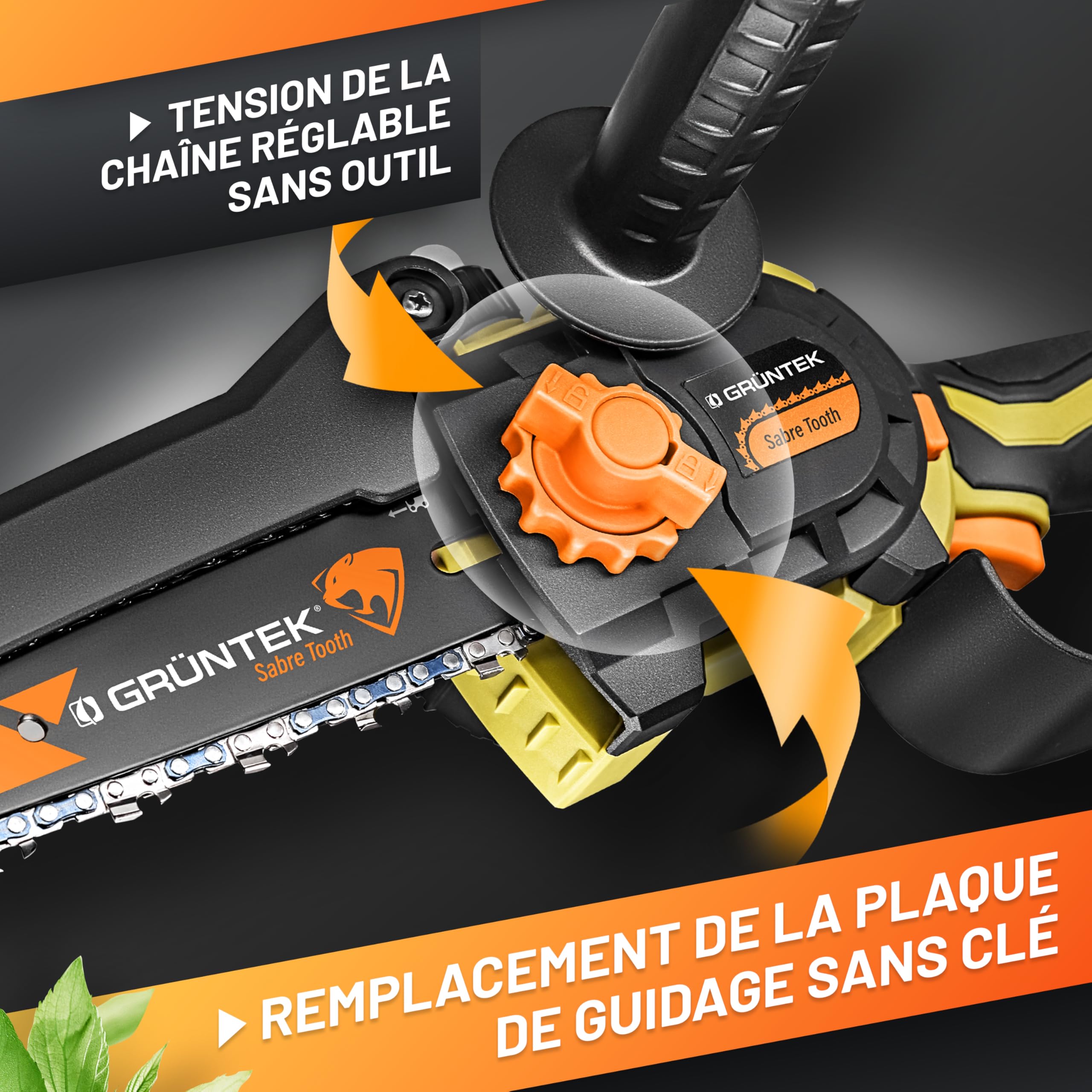 GRÜNTEK Mini Tronçonneuse à Batterie Sans Fil Brushless 21V Élagueuse Scie de Jardin Electrique avec 2 Batterie, 2 Chaînes. Kita avec accessoires de Jardin Gants et Lunettes