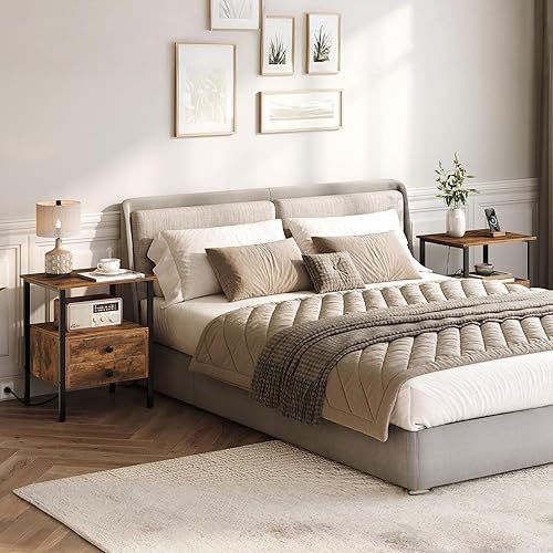 Miniatura 2 de HOOBRO Mesa auxiliar con estación de carga, mesita de noche con 2 cajones, puerto USB y puerto tipo C, mesita de noche para espacios pequeños,