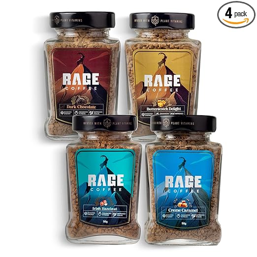Rage Coffee Pack of 4 Flavours - Irish Hazelnut, Dark Chocolate, Creme Caramel, Butterscotch Delight 50 Gms Each (Pack of 4)