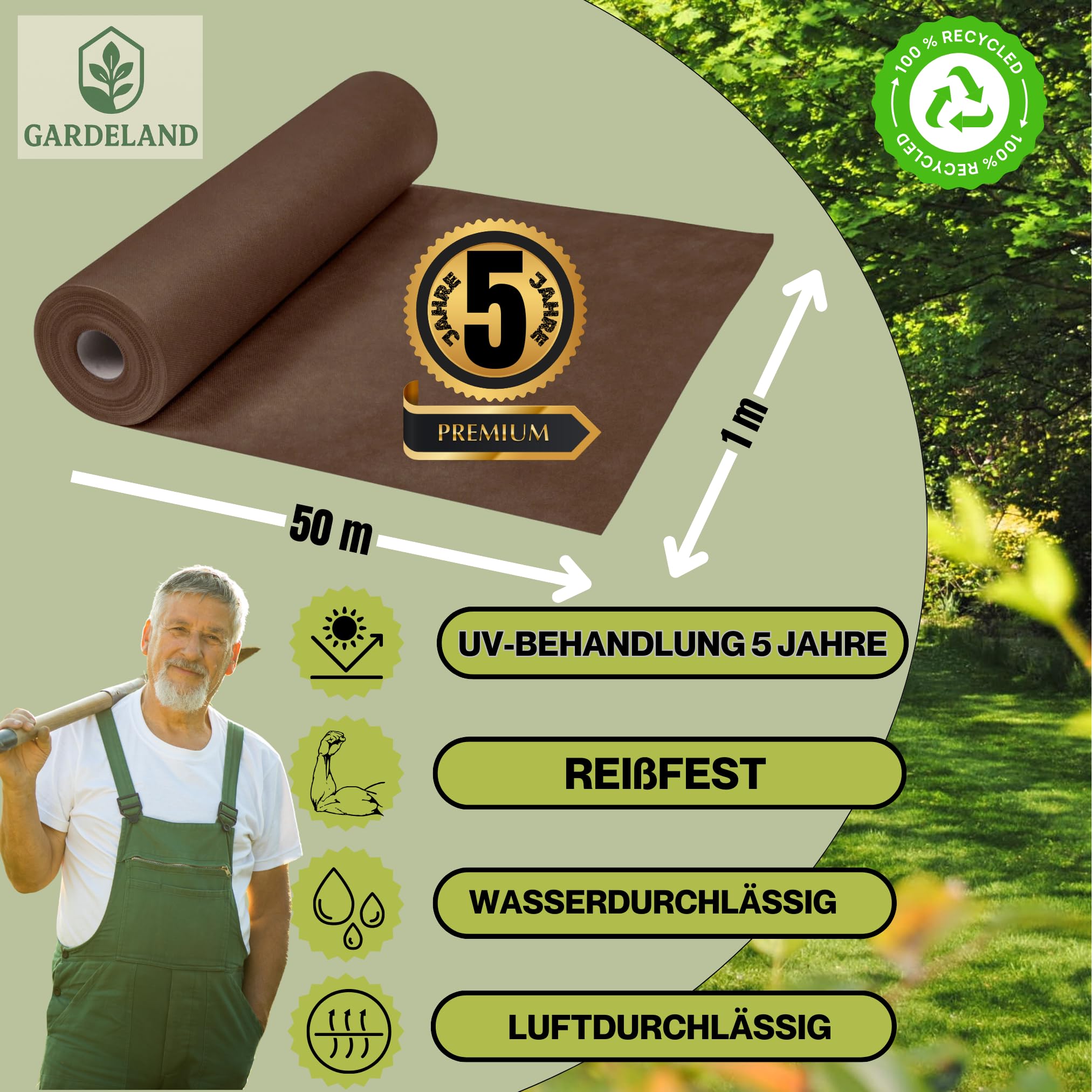 Unkrautvlies Braun Gartenvlies -5 Jahre Premium UV Behandlung im Außenbereich- Rolle 50 Meter x 1 Meter 90g/m2 Unkrautvlies Wasserdurchlässig Unkrautfolie FRANSEN Nicht aus Hergestellt EU