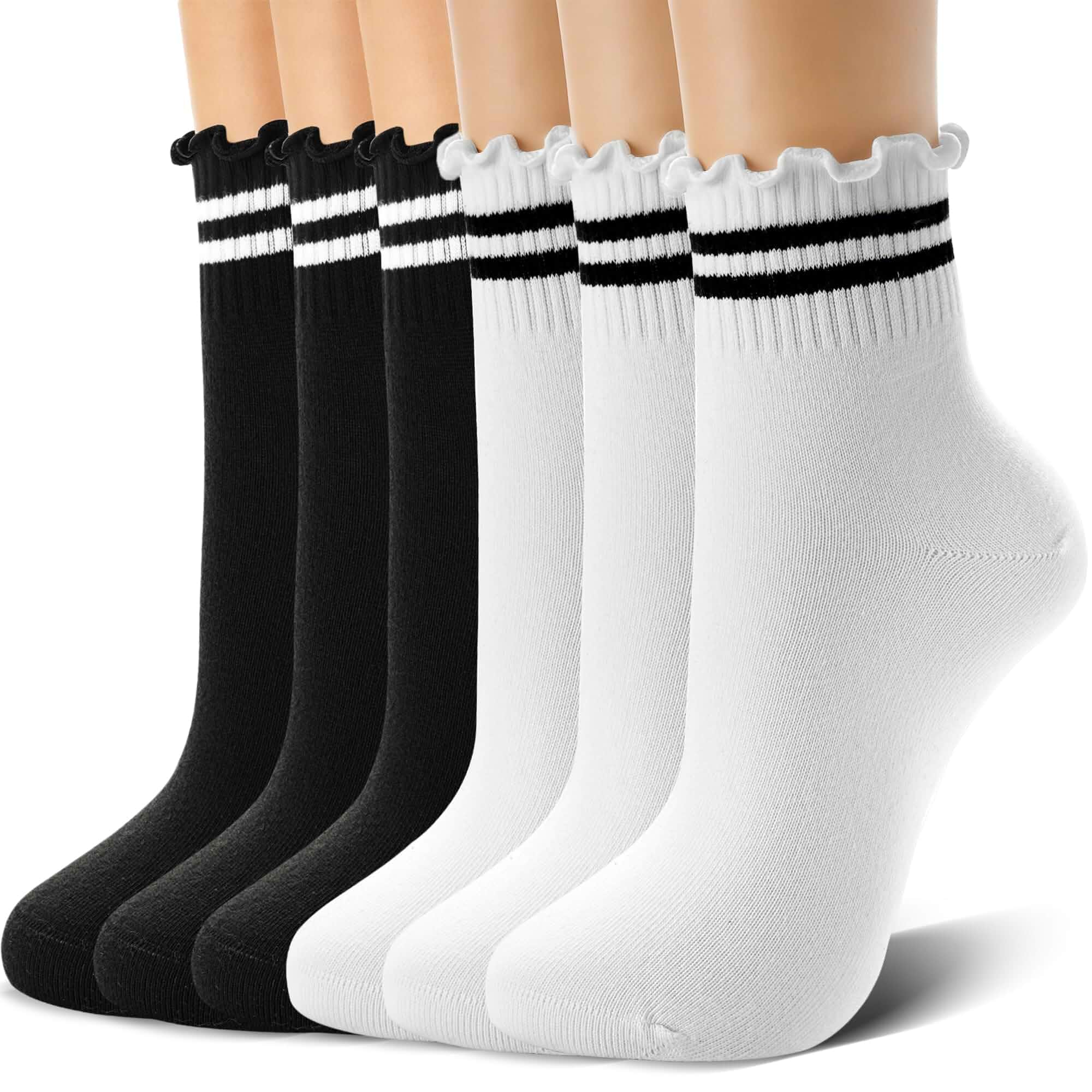 6 Pairs Ruffle Socks Women Cotton Frilly Ankle Socks Soft Breathable Comfort Cute Lettuce Trim Frilly Socks, Elastic Cuff, Seamless Toe
