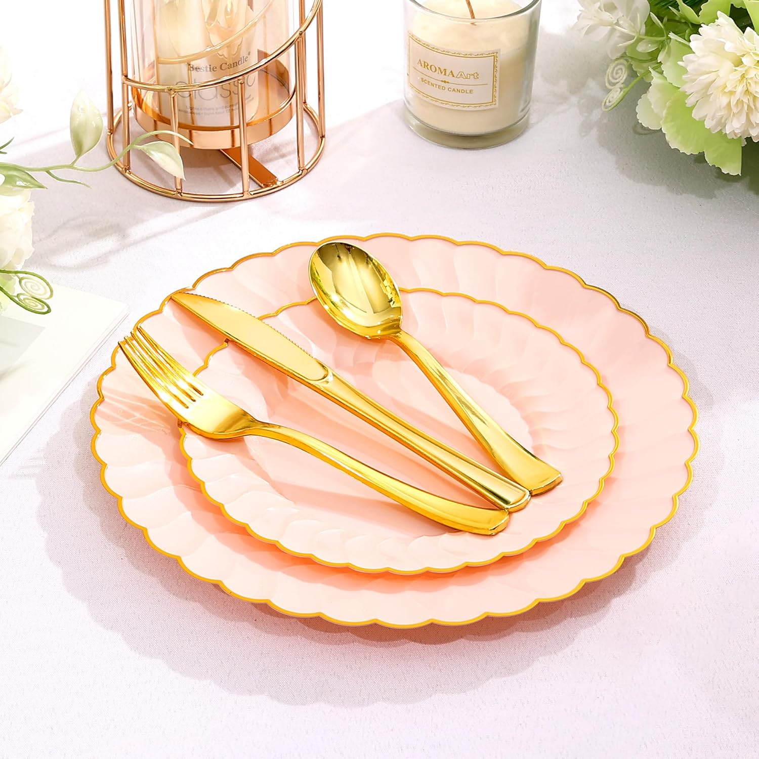 150 Pcs Pink and Gold Scalloped Plastic Plates,Disposable Dinnerware Set Including 30 Pink Dinner&Dessert Plates,Gold Plastic Silverware for Party,Birthday,Wedding