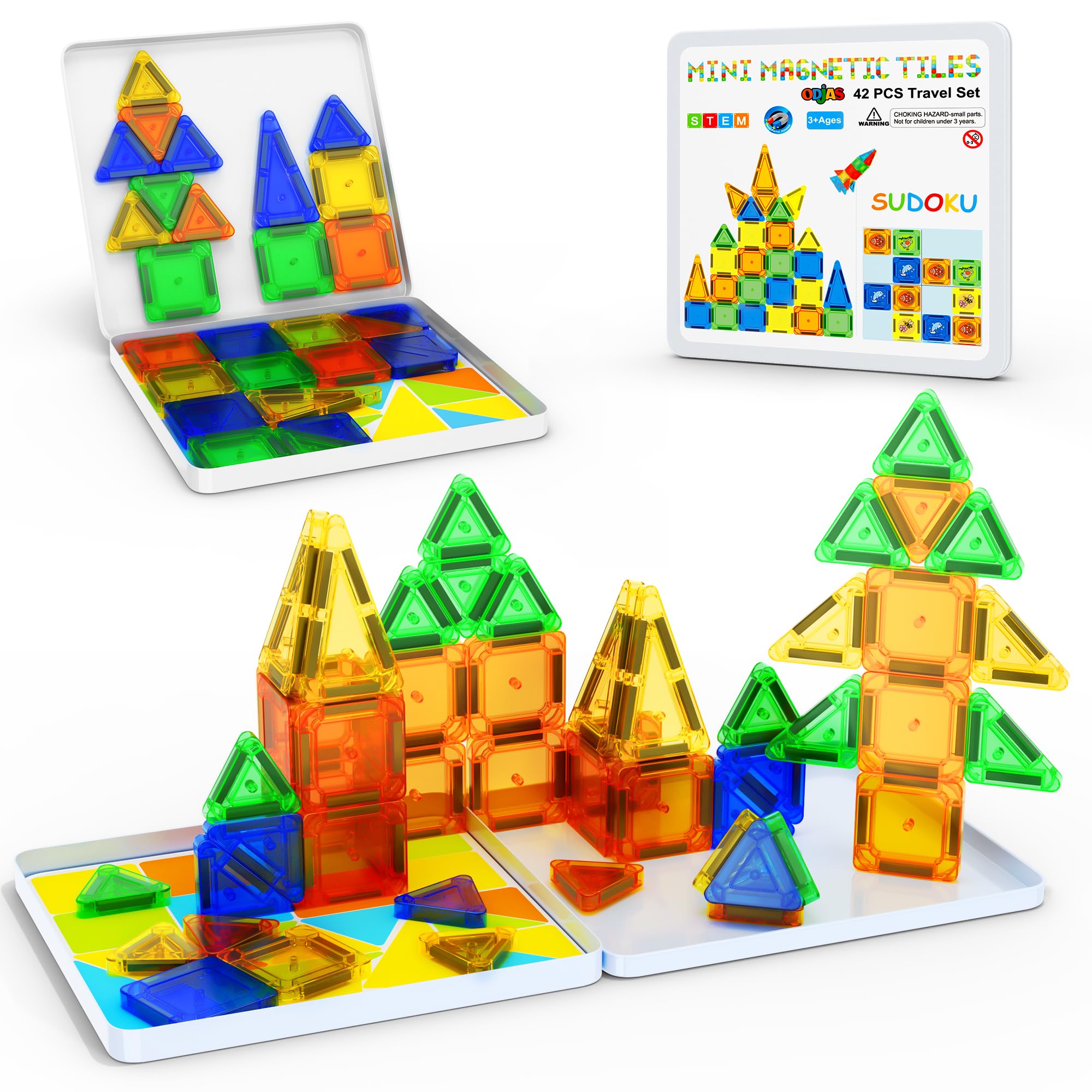 Bonus Sudoku Play, 42pcs Mini Magnetic Tiles Travel Set including Case, Mini Magnetic Blocks
