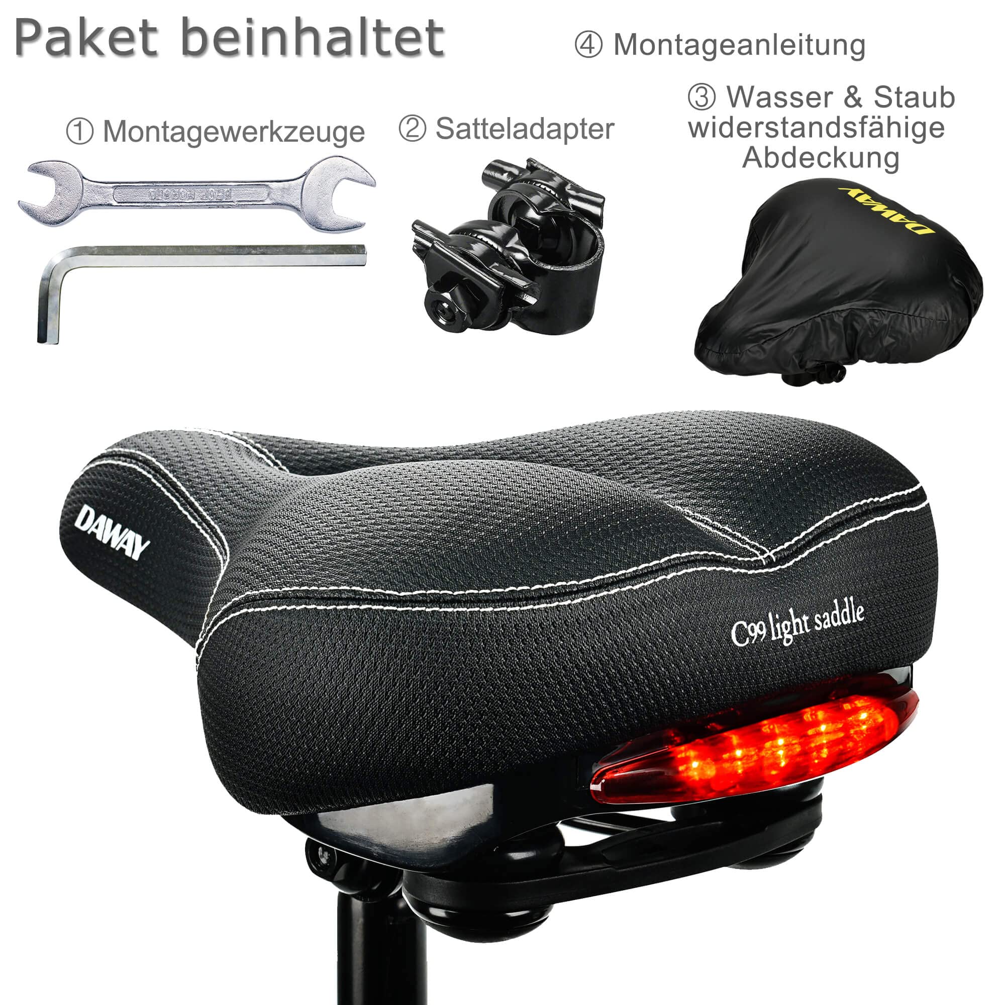 DAWAY C99 Ergonomisch Fahrradsattel für Damen Herren - Bequemer Fahrradsitz, Breiter Weicher Leder Fahrrad Sattel, Stoßdämpfend, Schaumstoff Gepolstertes, mit wasserdichte Abdeckung