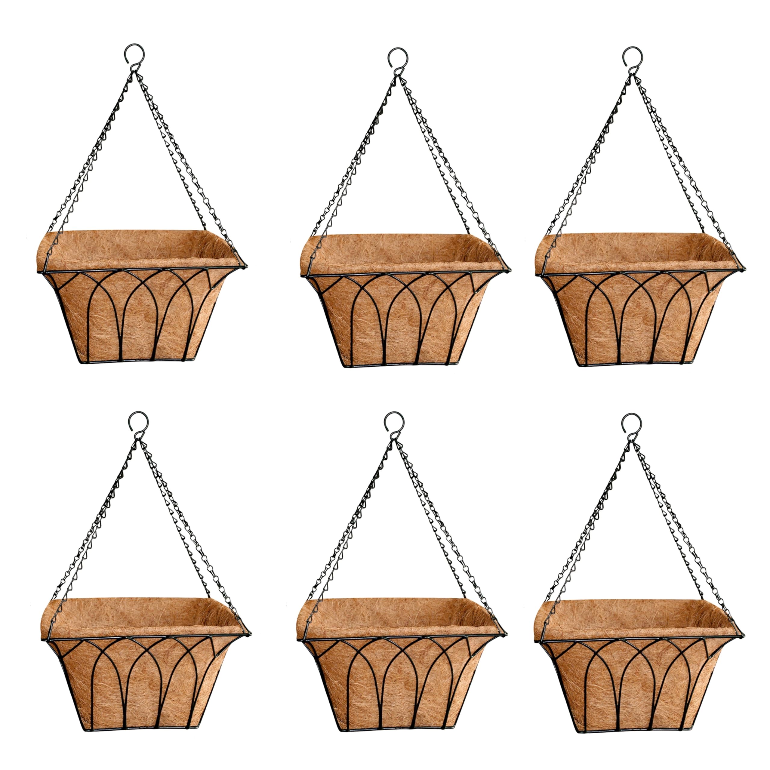 14 inch Square Shaped Coir Hanging Basket with Coco Coir Liner. Coir Hanging Basket for Home, Office, Balcony, Garden, Indoor and Outdoor Space.(Black, Set of 6 pcs)