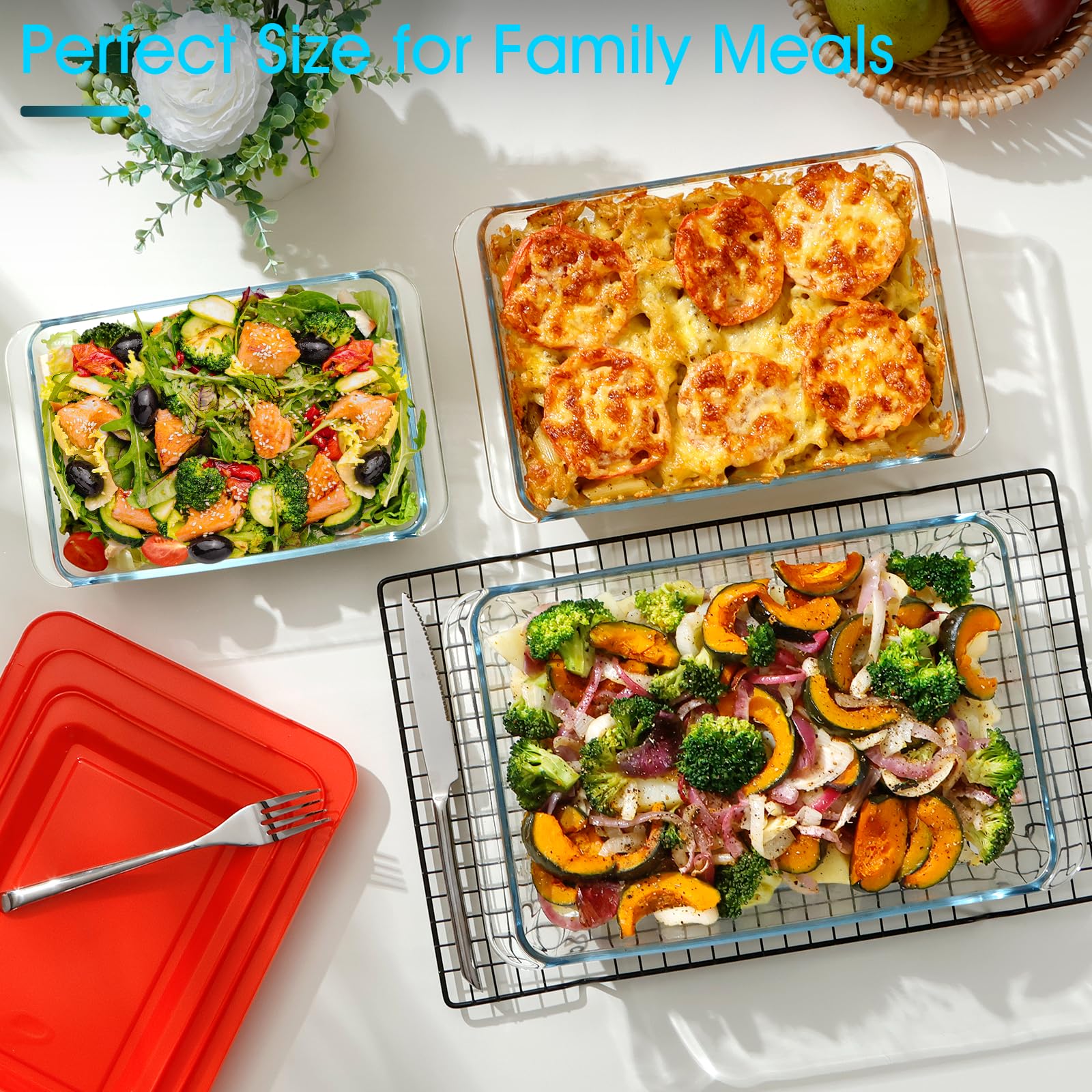 NUTRIUPS Set mit 3 tiefen Glas-Backformen mit Deckel, tiefe Lasagneform mit Deckel, Lasagneform für den Ofen, rechteckige Glas-Backformen (rechteckig mit Deckeln, 1,5 + 2,4 + 3,7 Qt)