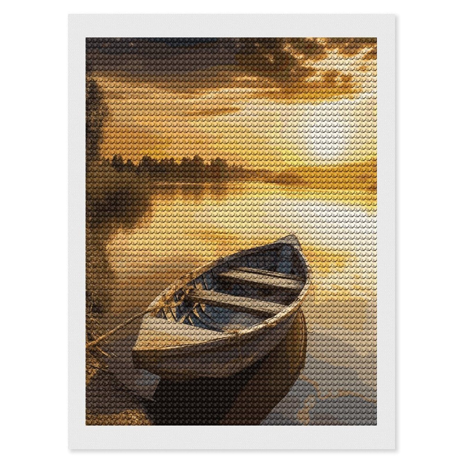 LDGSUPH River Sunset Wooden Boat Diamond Painting Kits for Adults Paint with Diamond Pictures Art DIY Full Drill Diamond Dots Painting Personalized Diamond Photo for Home Wall Decor Gift 12"x16"