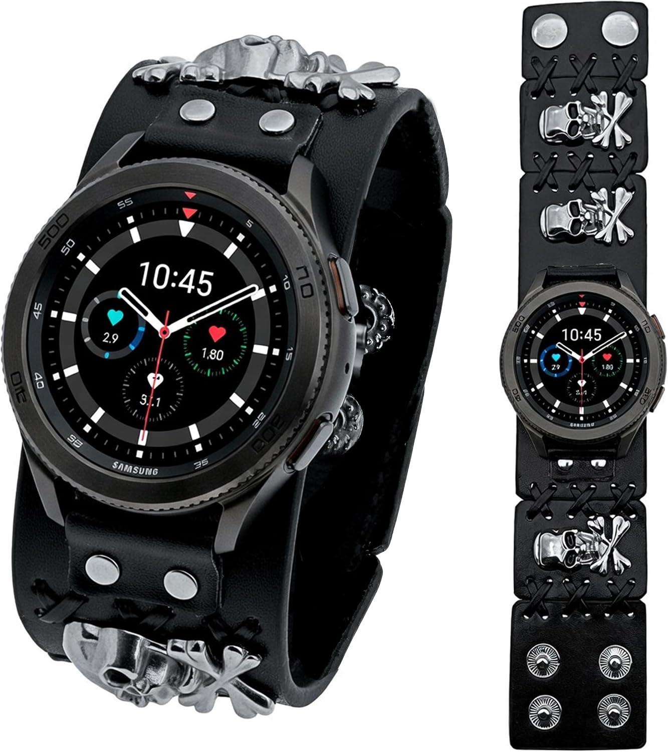 Leather Skull Cuff Punk Button Bracelet Compatible with Samsung Galaxy Watch 4/4 Classic/5/5 Pro/6/6 Classic/7/FE/8/8 Classic/9/Ultra/Ultra2 Bands,Cool Steampunk Strap for Samsung Watch 40mm/44mm/43mm/45mm/46mm/47mm