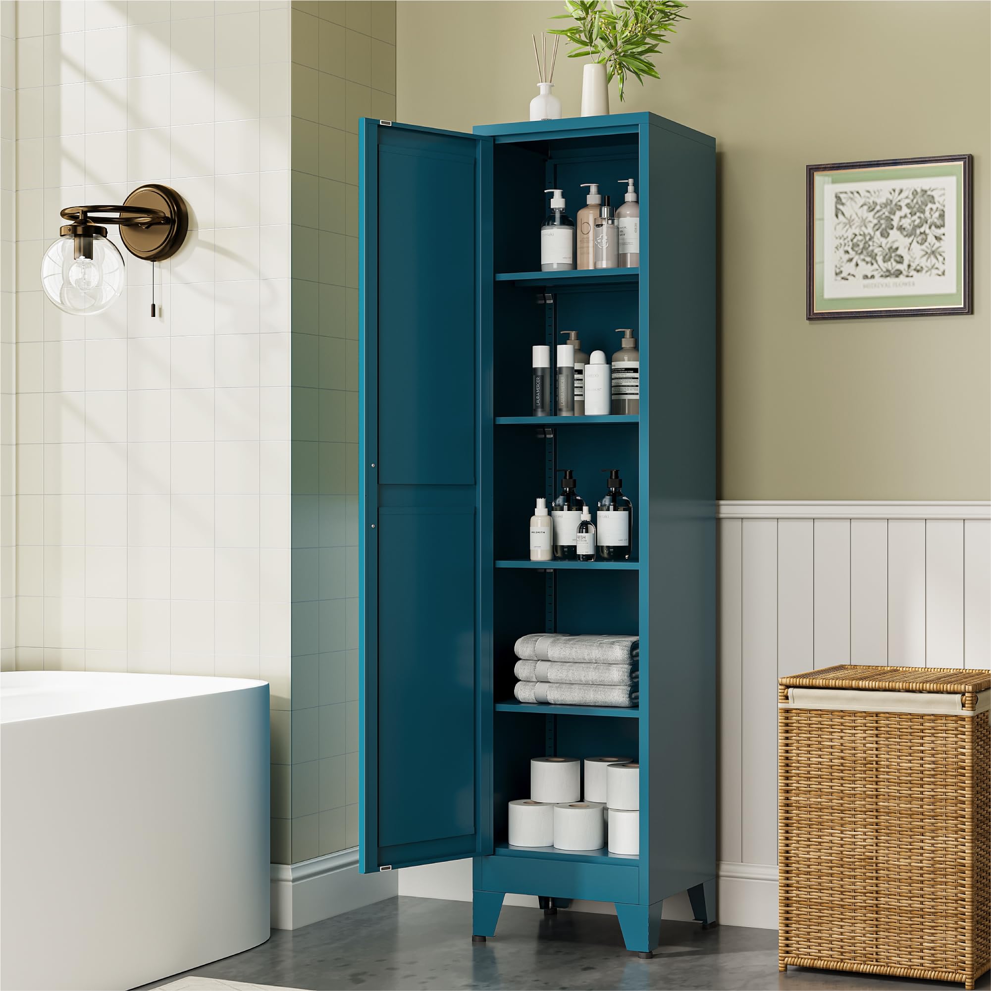 COFaR 67" Metal Narrow Storage Cabinet, Peacock Blue Slim Storage Cabinet with Magnetic Door &amp; 4 Adjustable Shelves, Slim Freestanding Cupboard for Bathroom, Kitchen
